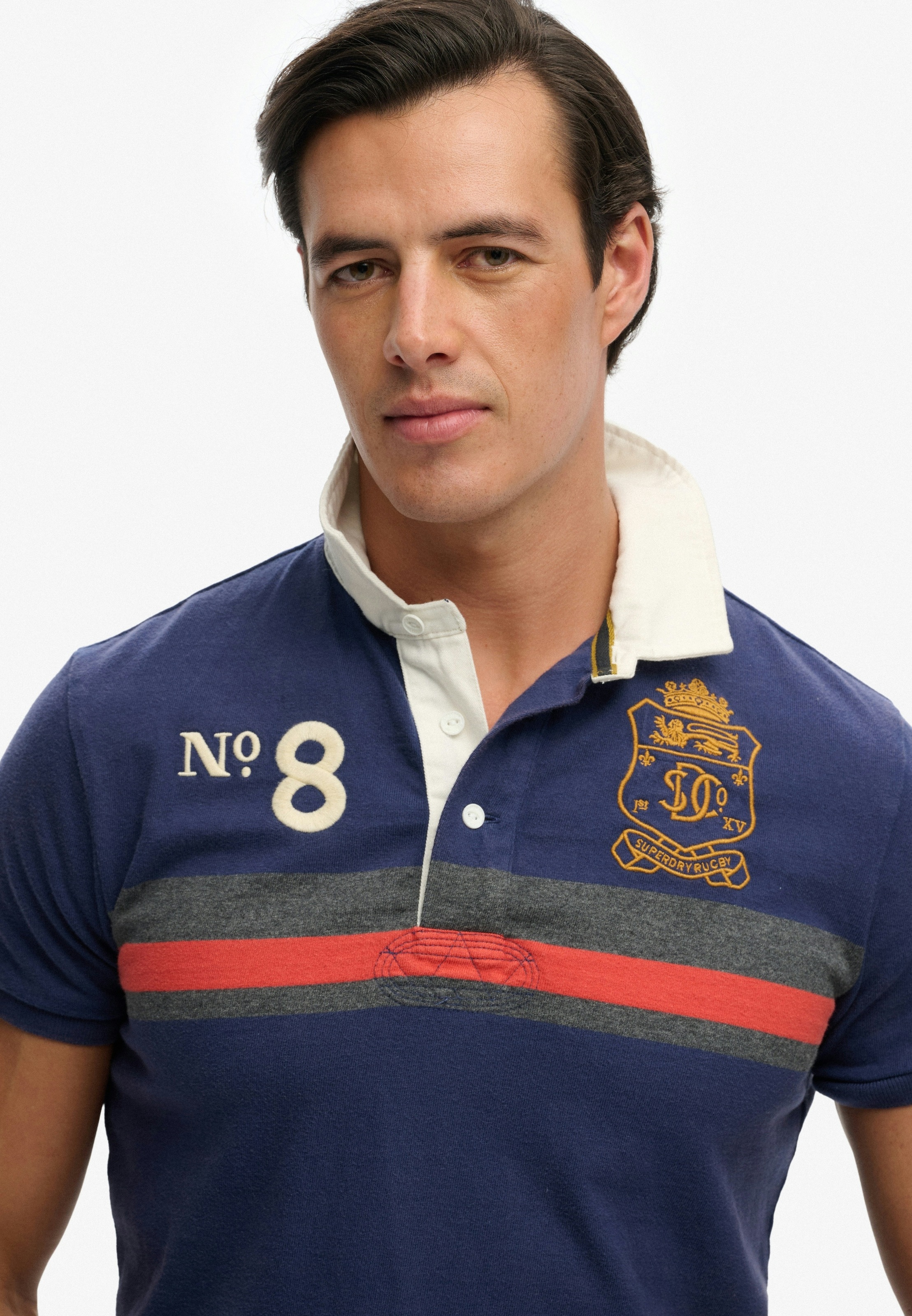 Superdry Double Emblem Rugby Polo Navy Orange 3