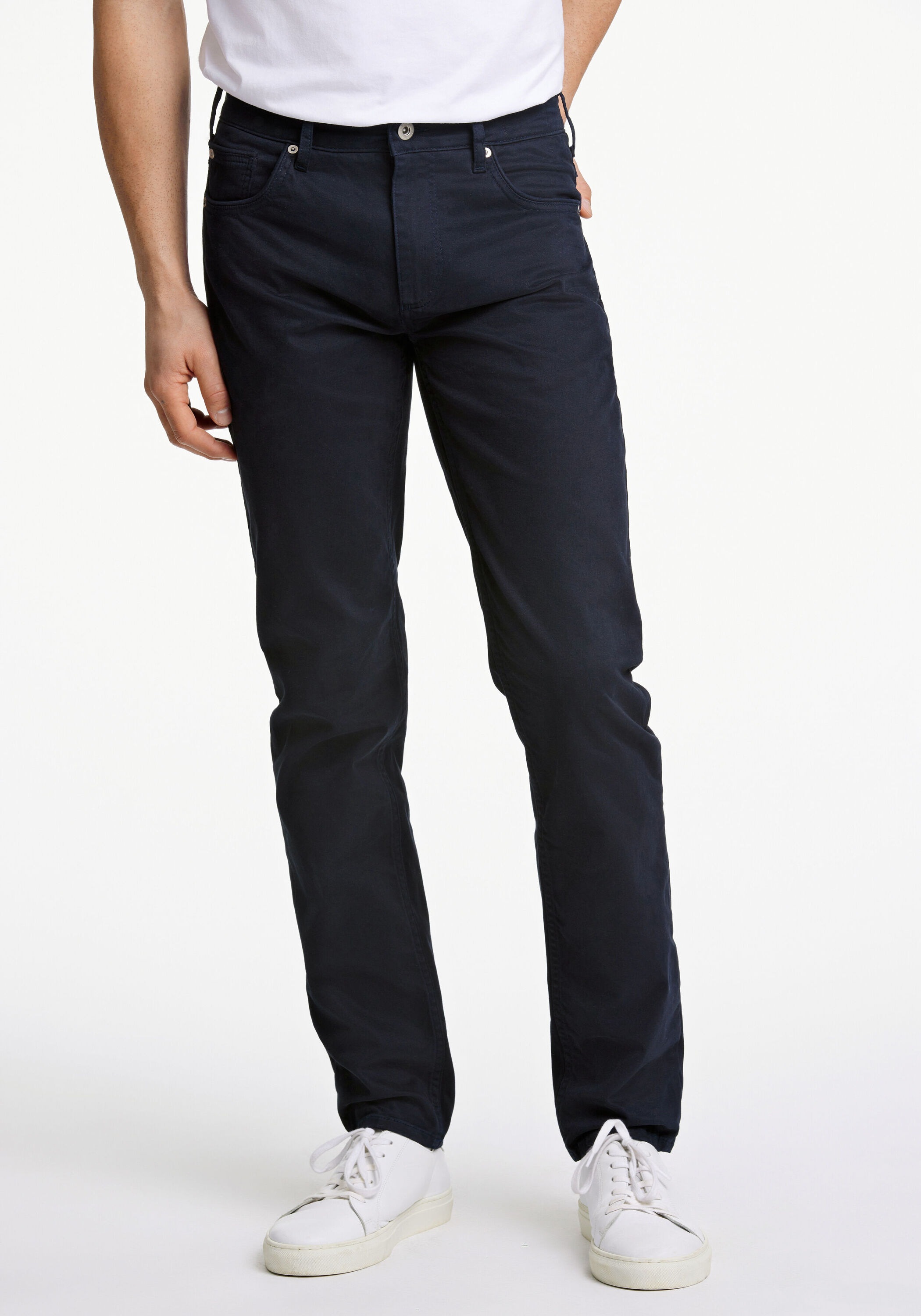 5-Pocket-Hose LINDBERGH "5-Pocket Hosen Tapered Fit", Herren, Gr. 34, Länge 34, blau (dk navy), Obermaterial: 97% Baumwolle, 3% Elasthan, unifarben, gerade, unten schmal, Hosen 5-Pocket-Hose