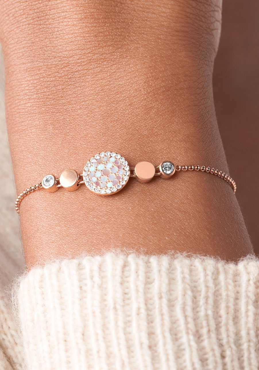 Edelstahlarmband FOSSIL "Schmuck Geschenk Edelstahl VAL MOSAIC DISC Vintage Glitz", rosa (roségoldfarben, rosa, kristallweiß, kristallweiß), Armbänder, Damen, 21,5cm, Edelstahl, Edelstahlarmband, mit Glasstein, mit Perlmutt 3