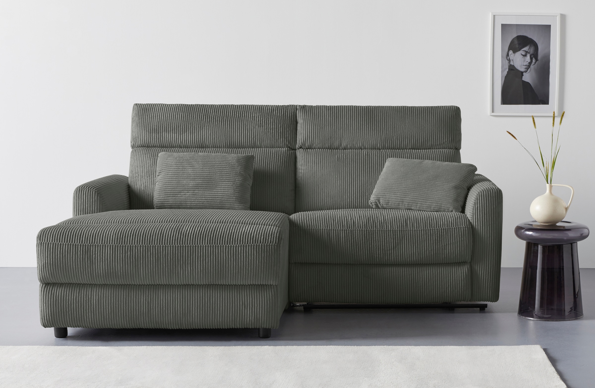 INOSIGN Ecksofa »JENNA, L-Form, 209cm, manuelle u. elektrische Funktion, mit USB A/C,«, Liegefunktion 105°-150°, Federkern, Cord