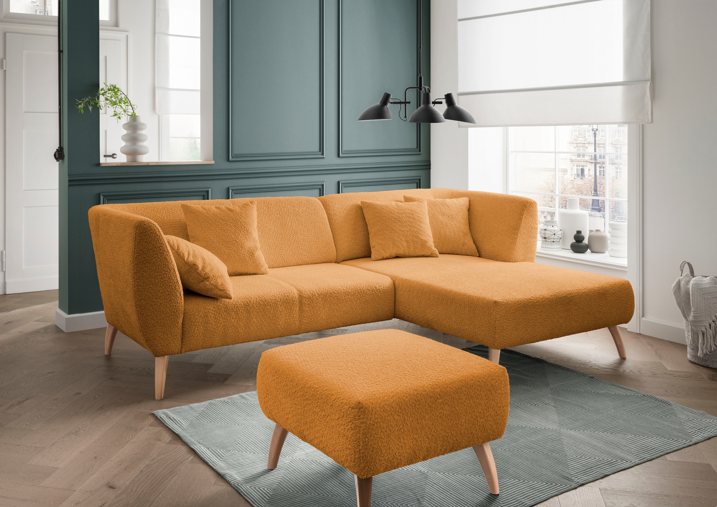 Home affaire Ecksofa "Lazio modern und bequem, schmale Armlehnen, tolle Detailverarbeitung" Holzfußfarbe wählbar, inkl. 4x Zierkissen