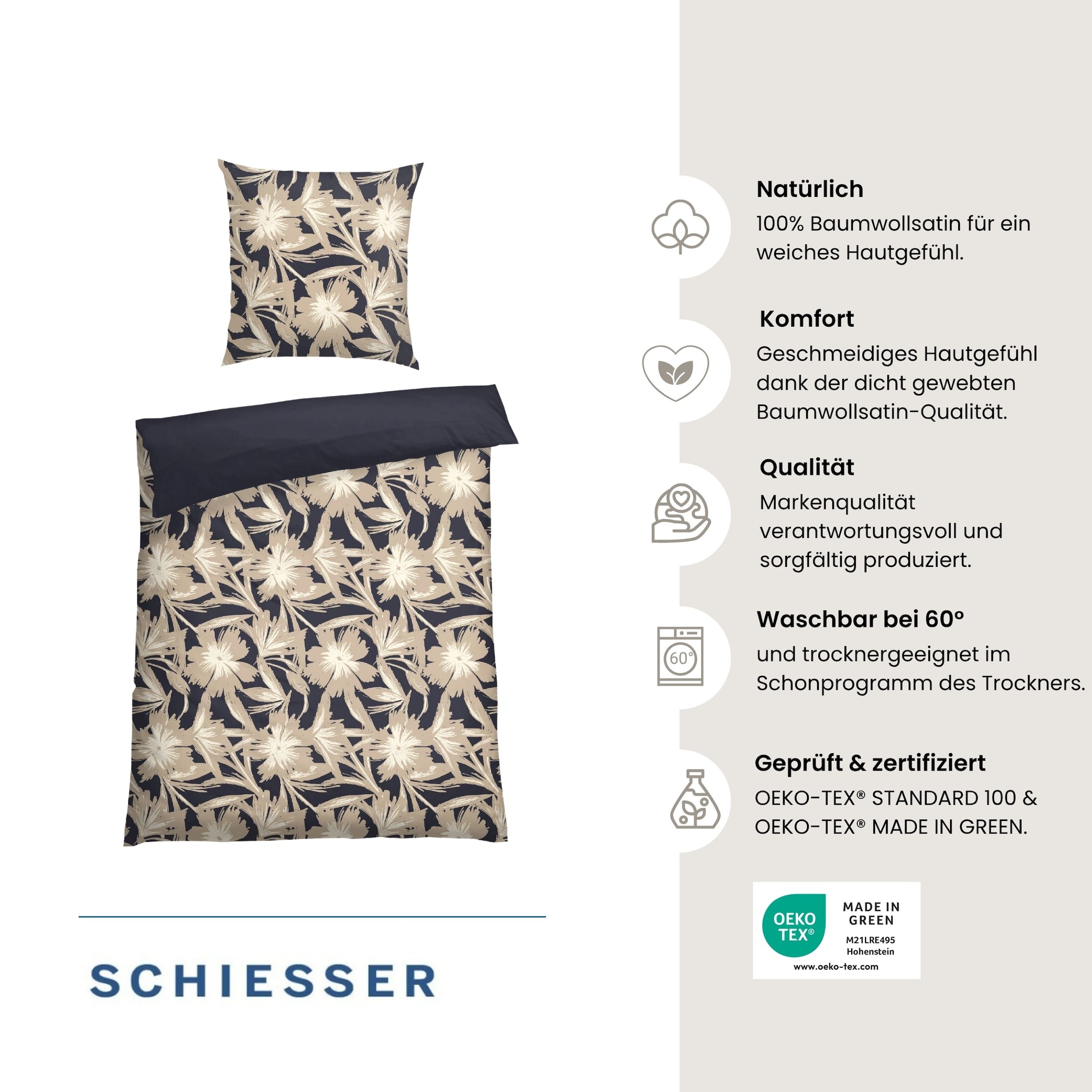 Schiesser Wendebettwäsche »Artistic aus weichem Baumwoll-Satin mit floralem Muster« 2 Stk. OEKO-TEX® MADE IN GREEN
