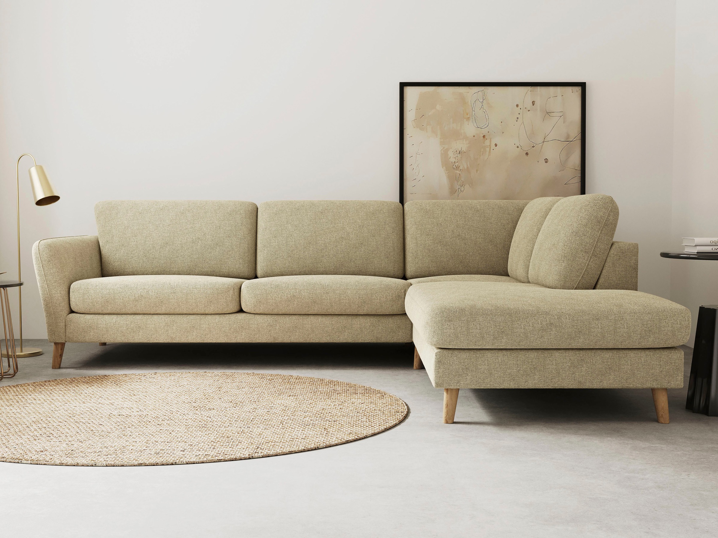 OTTO home Ecksofa "MARSEILLE 278/202 cm, L-Form, Ottom. rechts/links, verschiedene Bezüge" Massivholzbeine Eiche, Landhausstil, Wellenunterfederung