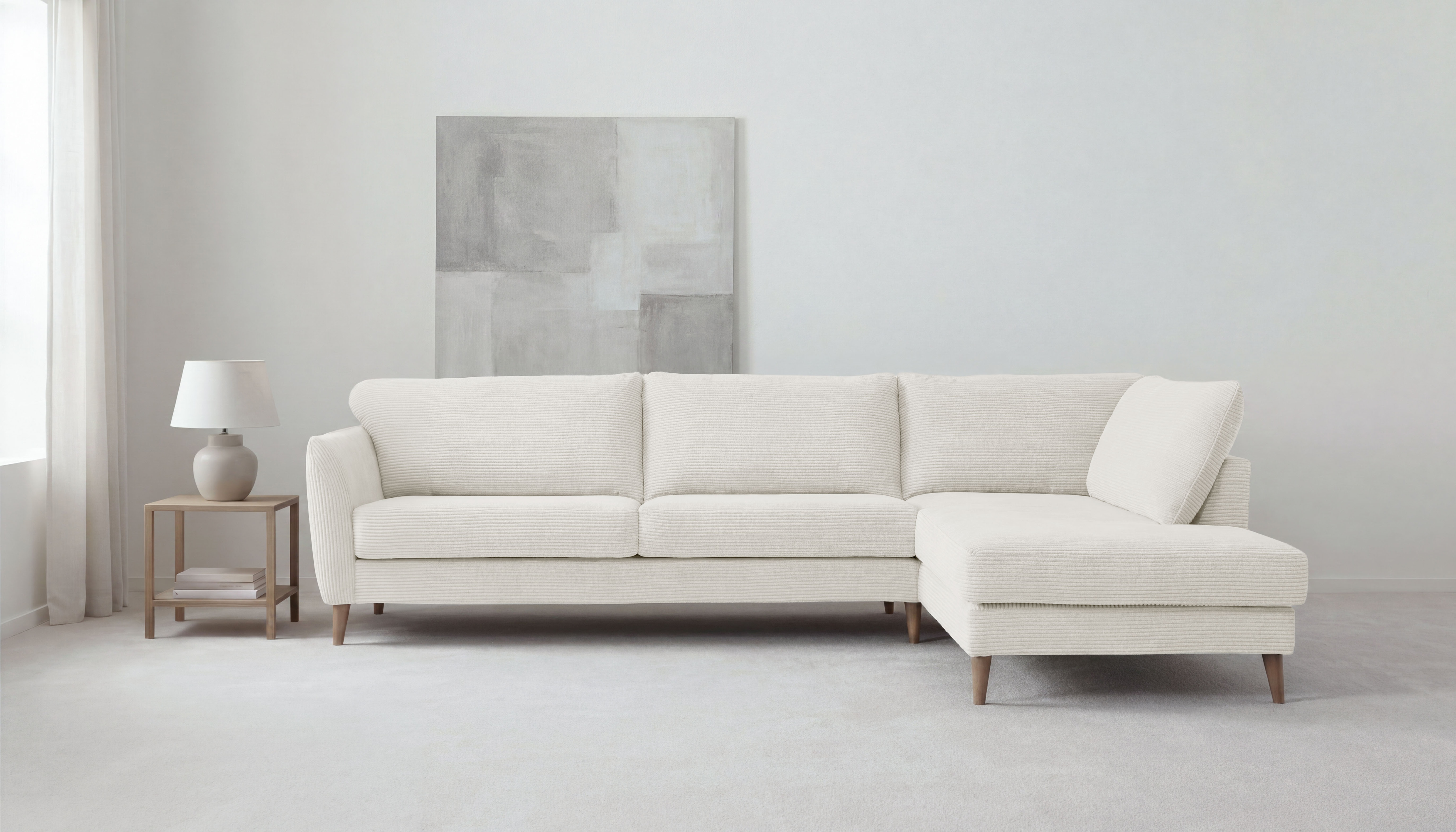 OTTO home Ecksofa "MARSEILLE 278/202 cm, L-Form, Ottom. rechts/links, verschiedene Bezüge" Massivholzbeine Eiche, Landhausstil, Wellenunterfederung
