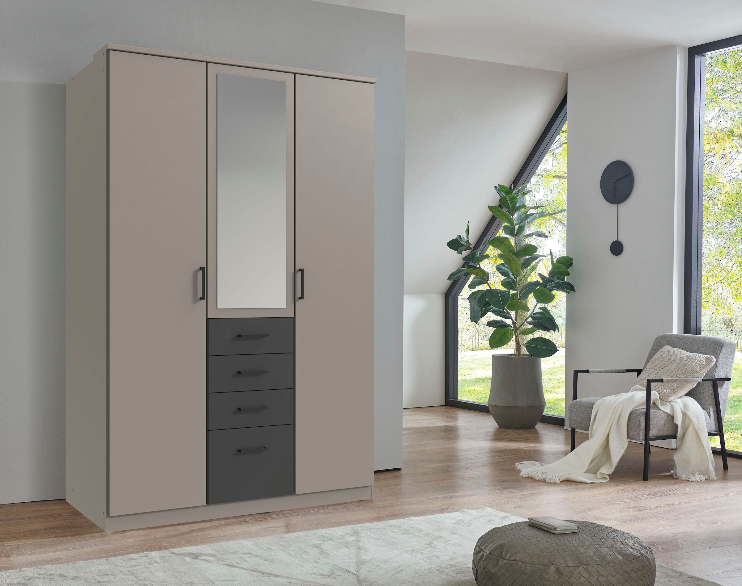 Wimex Kleiderschrank »Cottbus, in weiß oder grau modern kombiniert mit graphitfb.Schubladen«, (in 3 Größen, schwarze Griffe, Made in Germany), mit 4 Schubladen, wahlweise mit oder ohne Spiegel