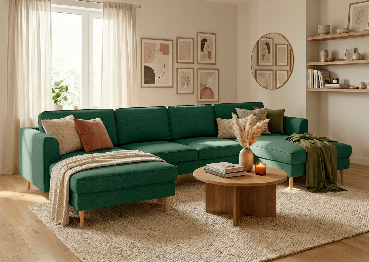 Home affaire "Booster, whlw. mit Schlaffunktion & Bettkasten, Fuß Buche lackiert" Sofa in U-Form, Breite 305 cm, in Cord oder Struktur