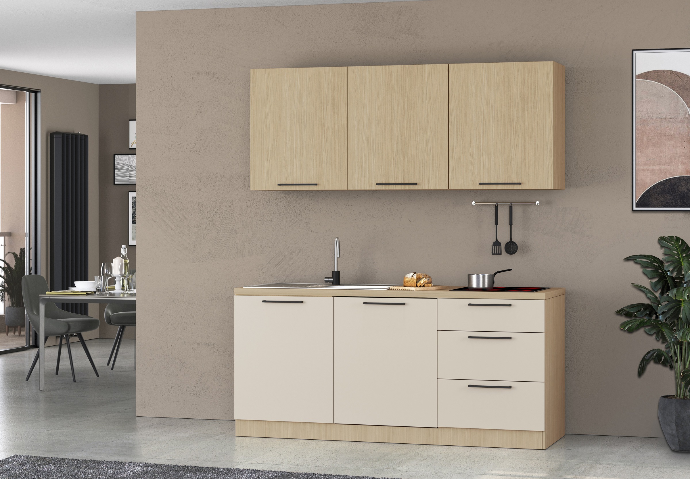 KOCHSTATION Küchenzeile "Luna, Küchenzeile mit Spüle + Siphon, ohne E-Geräte" Breite 182 cm,Türen mit Soft-Close Funktion, Metalgriffe,Made in Italy