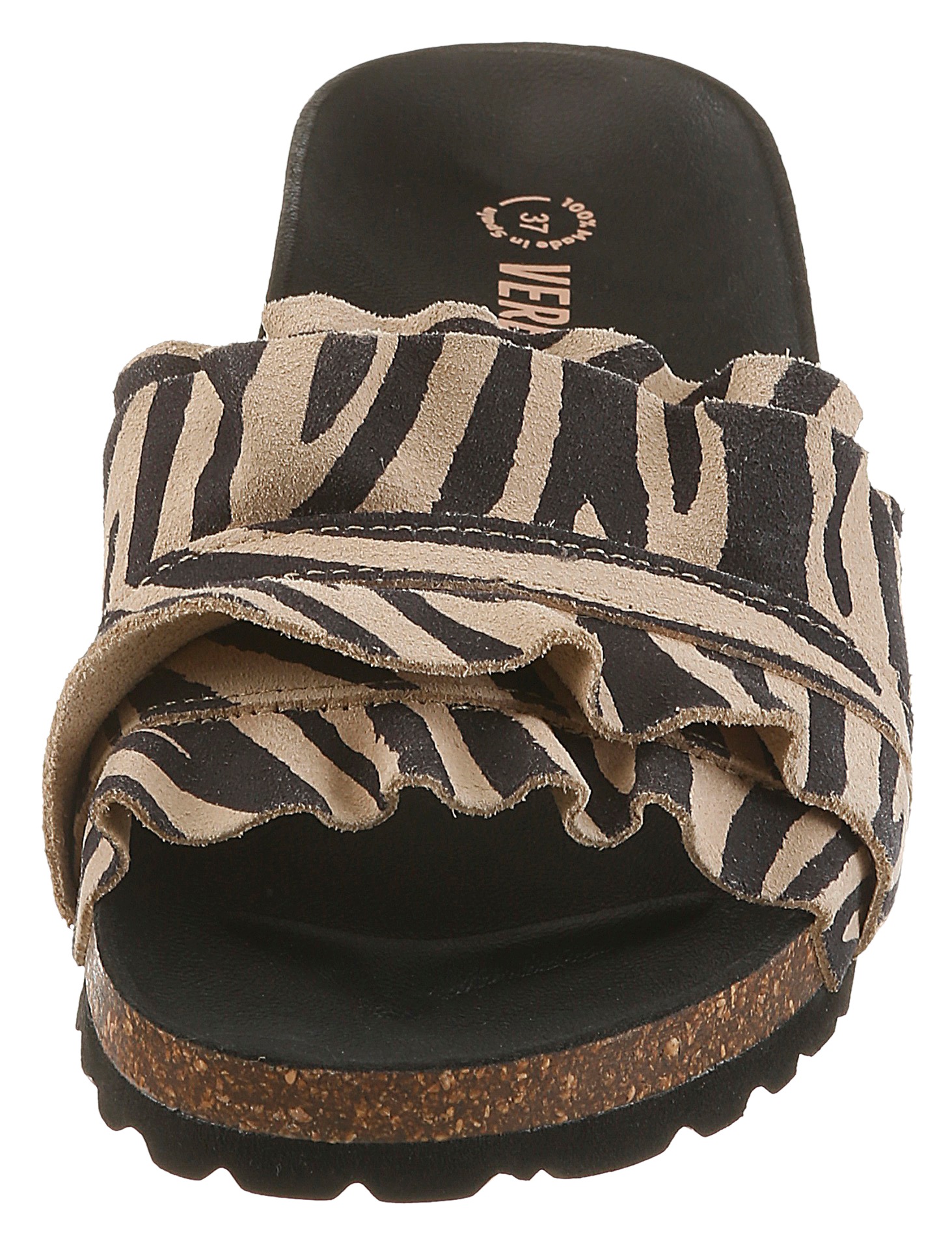 Pantolette VERBENAS "ROCIO", Herren, Gr. 35, zebraoptik, Veloursleder, Schuhe Pantolette, Strandschuh, Sommerschuh, Urlaubsschuh mit Rüschen 3