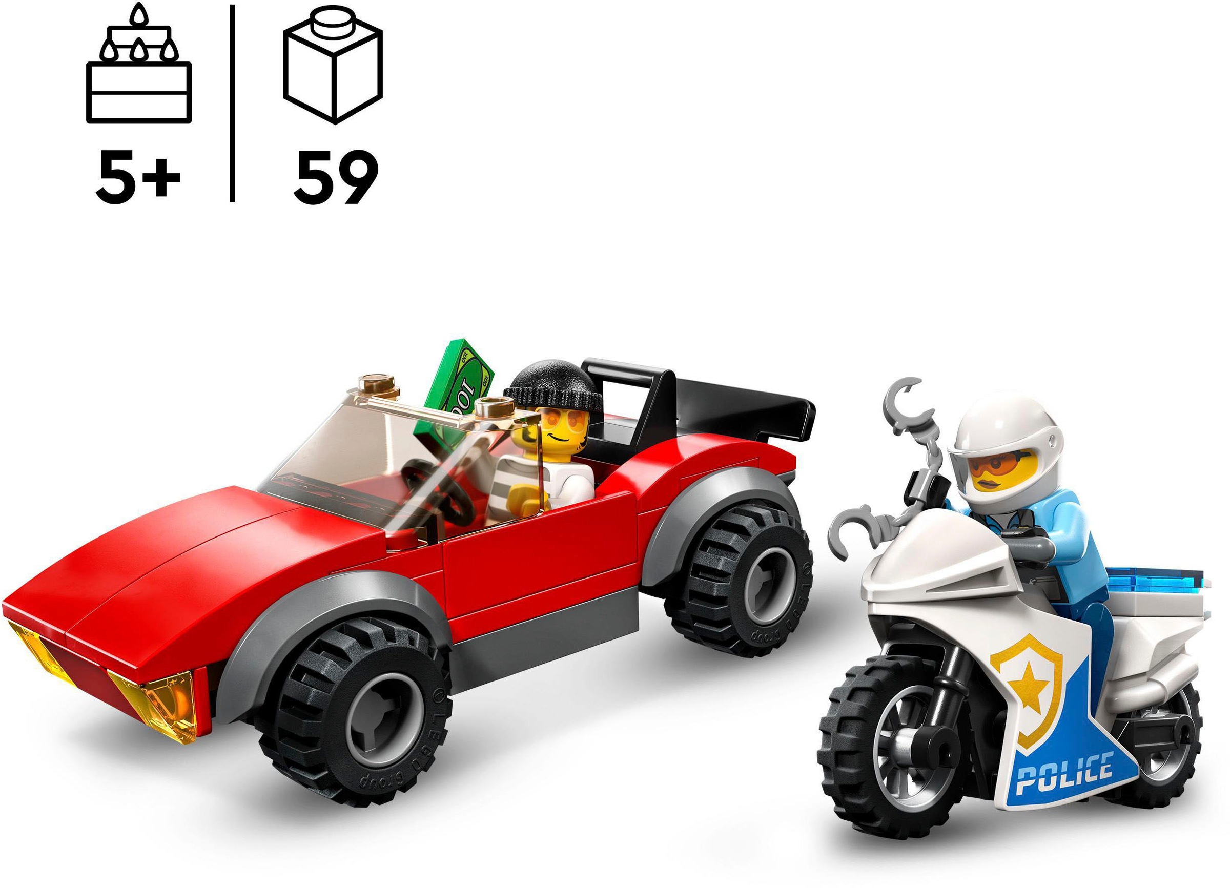 LEGO® Konstruktionsspielsteine »Verfolgungsjagd mit dem Polizeimotorrad (60392), LEGO® City«, (59 St.), Made in Europe