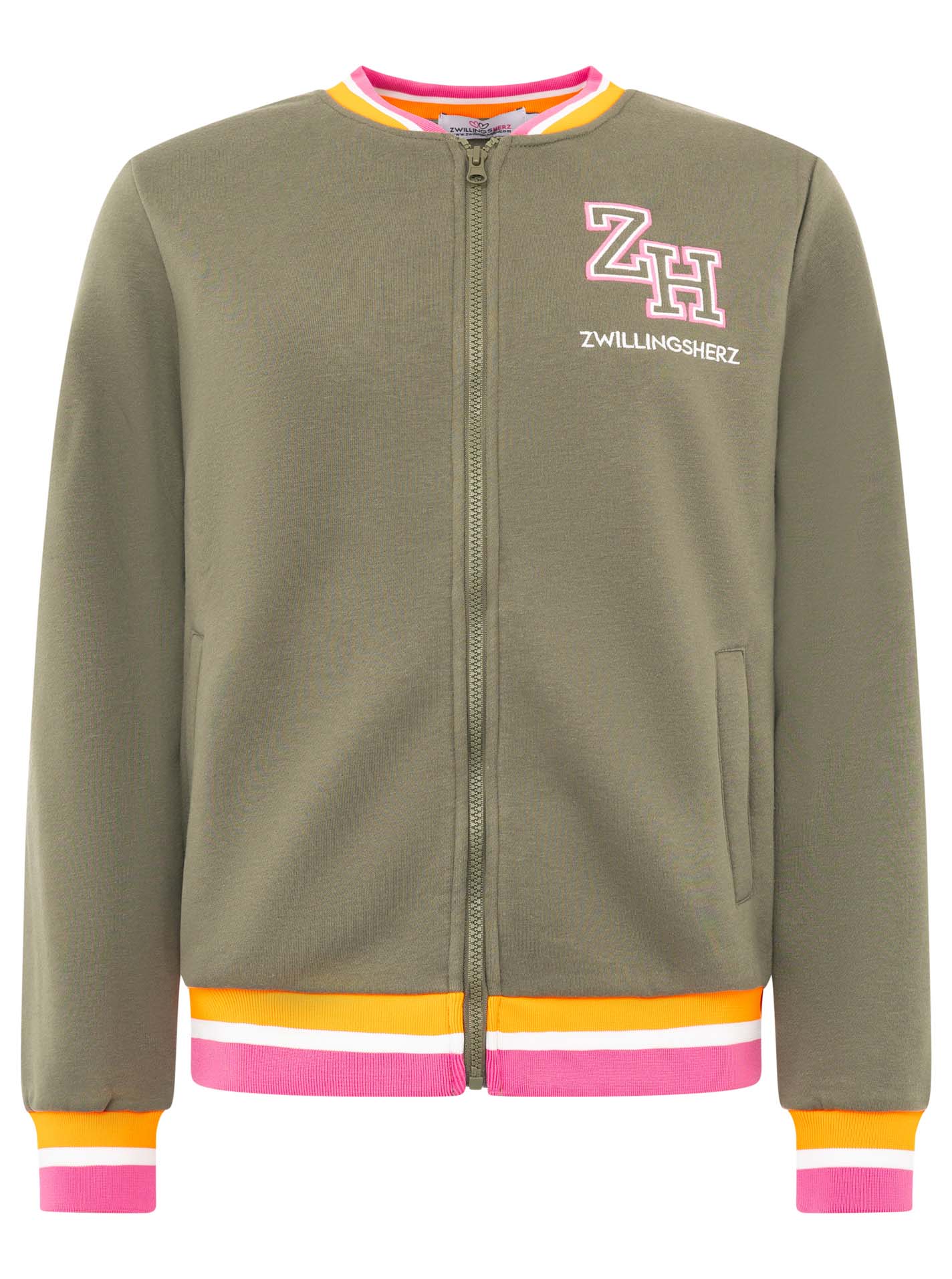 Zwillingsherz Sweatjacke ""Zwillingsherz"" durchgehender Zipper, Logo auf der Schulter, gestreifte Bündchen