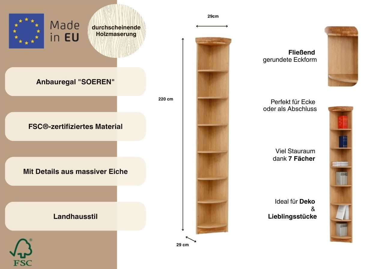 OTTO home Anbauregal »Soeren Abschlussregal mit Eiche-Elementen Höhe 220 cm« Regal Höhe 220 cm, passend für Tiefe 29 cm,  FSC®-zertifiziert