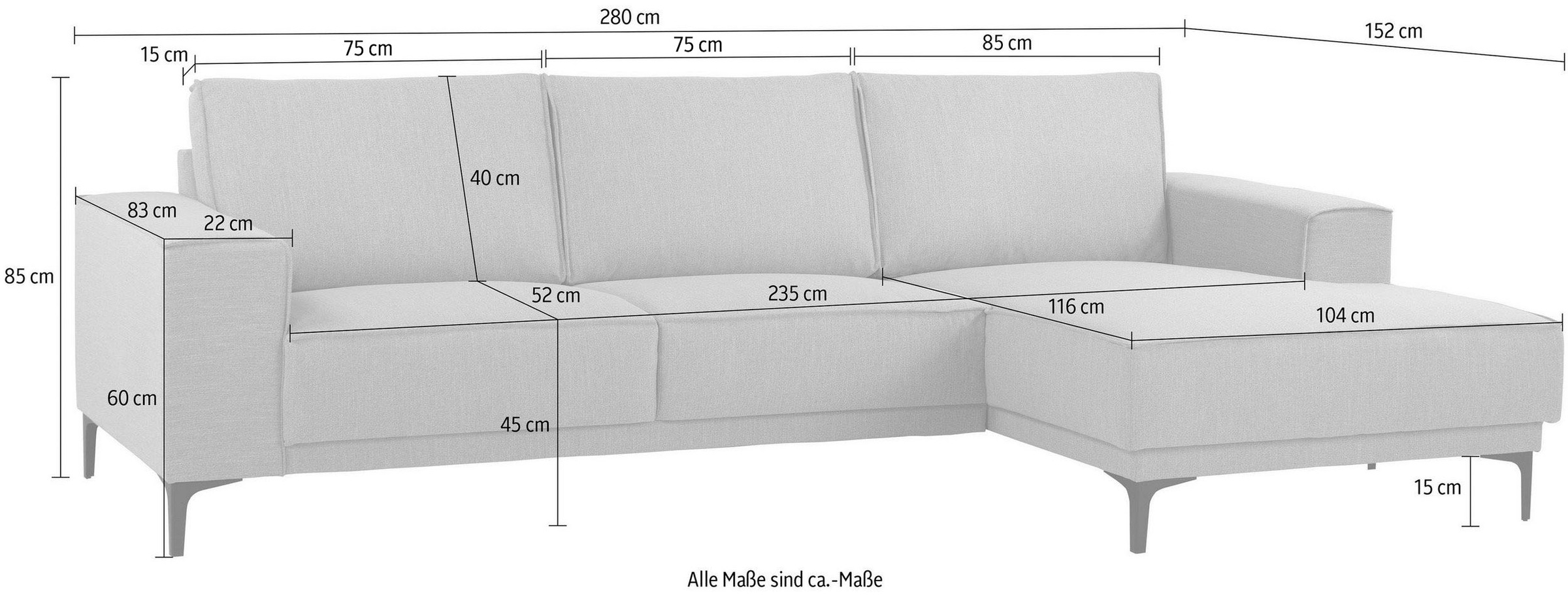 Places of Style Ecksofa »Polsterecke Oland, Struktur, Flachgewebe, Luxus-Microfaser, Boucle«, L-Form, 280 cm, Wellenunterfederung, Skandi-Design, Metallfüße