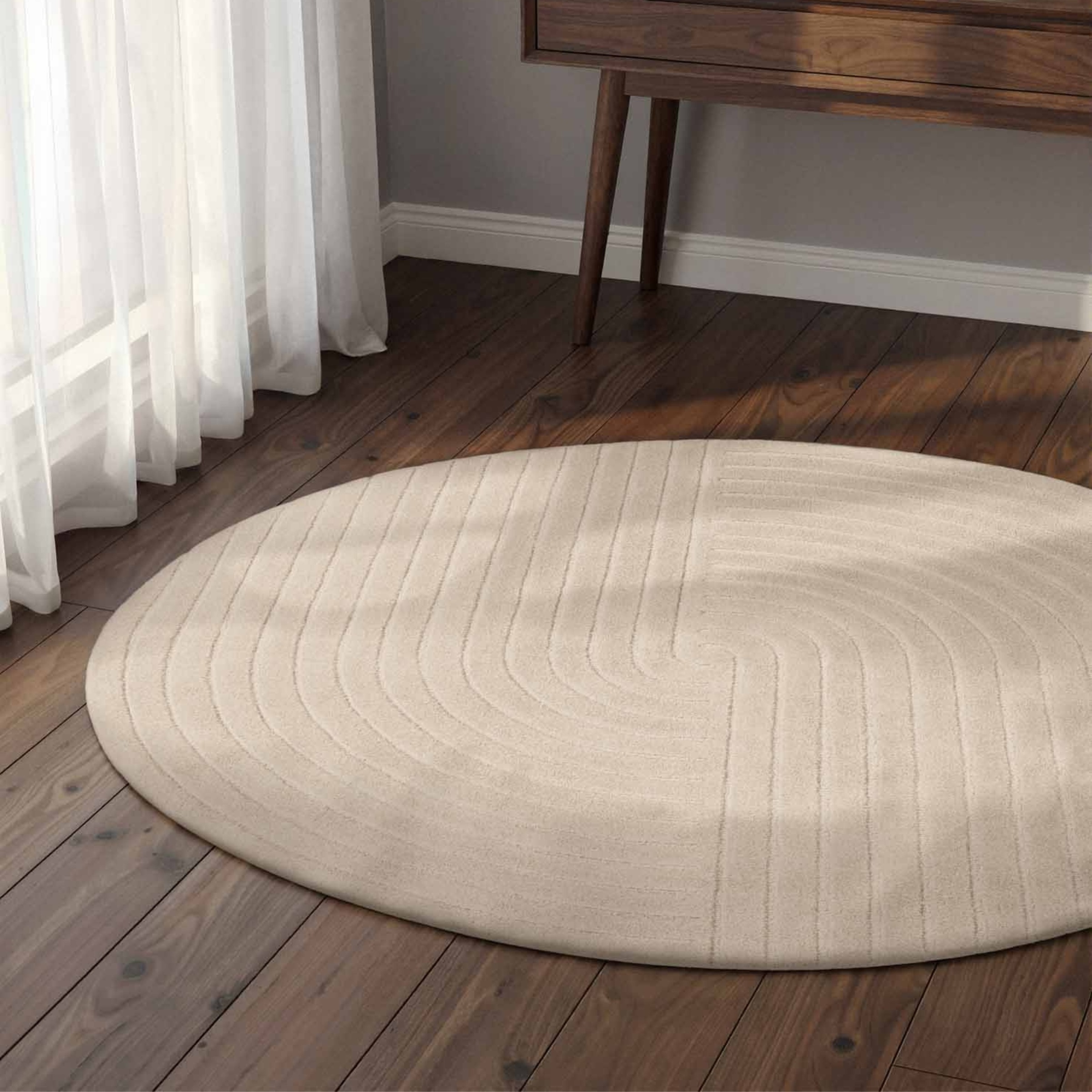 Wollteppich VIKOSA "Arcura", cremeweiß, H:15mm Ø:120cm, Wolle, Teppiche, Wolle Handgemacht, Hoch-Tief-Effekt, Geometrisches Linien Wellendesign