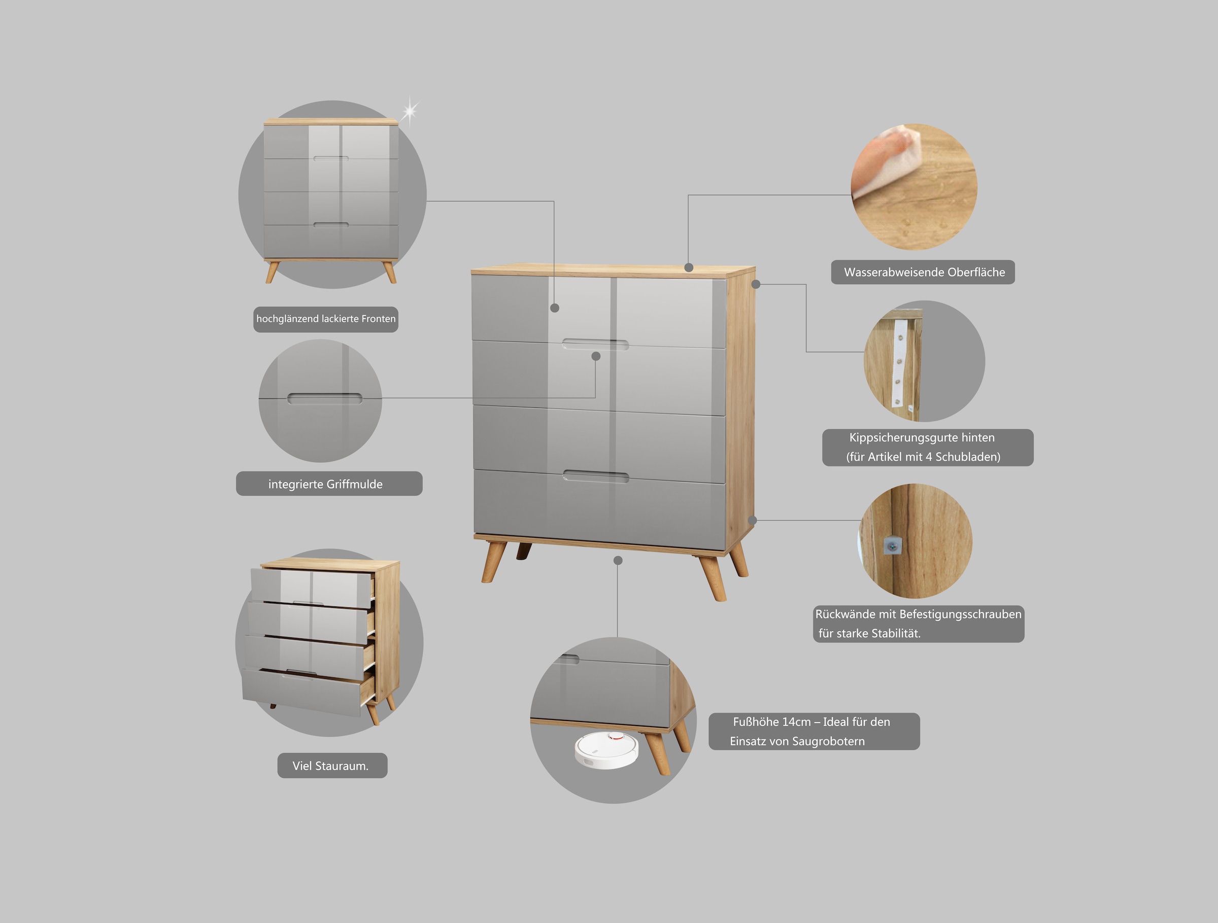 andas Schubkastenkommode »Lund Schlafzimmerschrank Wäscheschrank mit hochglänzenden Fronten«, (Kommode mit 4 Schubladen für viel Stauraum), Schlafzimmerkommode Bestseller im skandinavischem Design