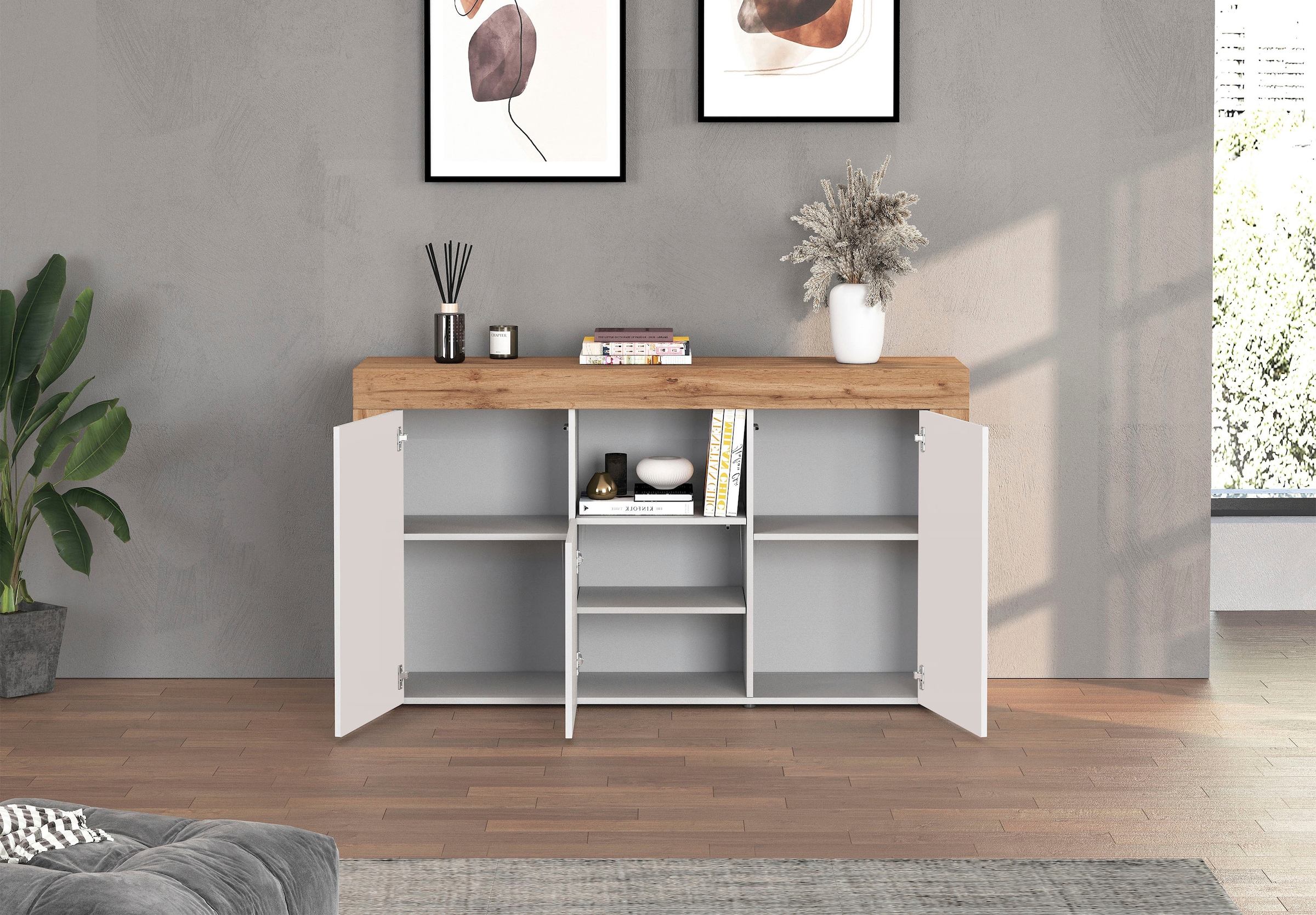 OTTO home Sideboard »CHRONOS Breite 155 cm mit 3 Türen, 1 offenes und 6 geschlossene Fächer« 1 Stk. tlg. Sideboard,Kommode, Schrank, Grifflos mit Push to Open, Made in Italy