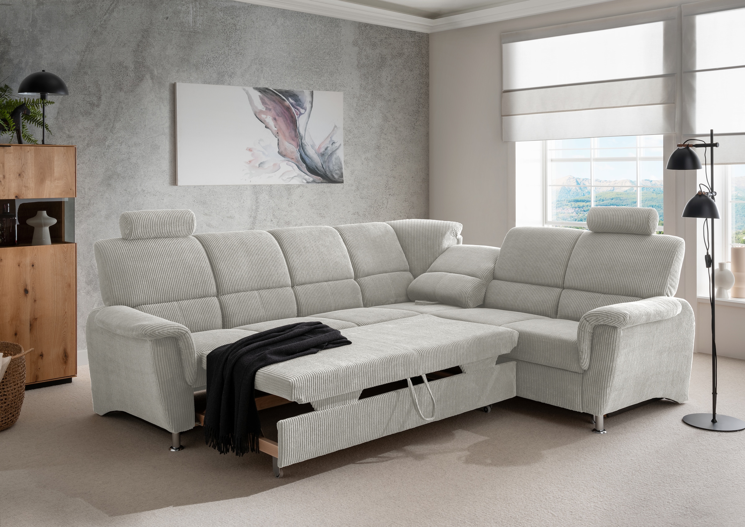 Home affaire Ecksofa »Pisa L-Form, mit Schlaffunktion, Stauraum, 2x höhenverstellbare«, Kopfstützen und Relaxfunktion im Eckelement