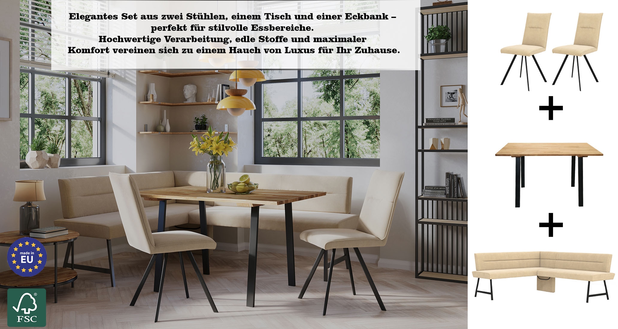 Home affaire Eckbankgruppe »Sava« Set, 4 Stk. tlg. Eckbank mit Wellenfederung im Sitz, Tisch Massiv Eiche