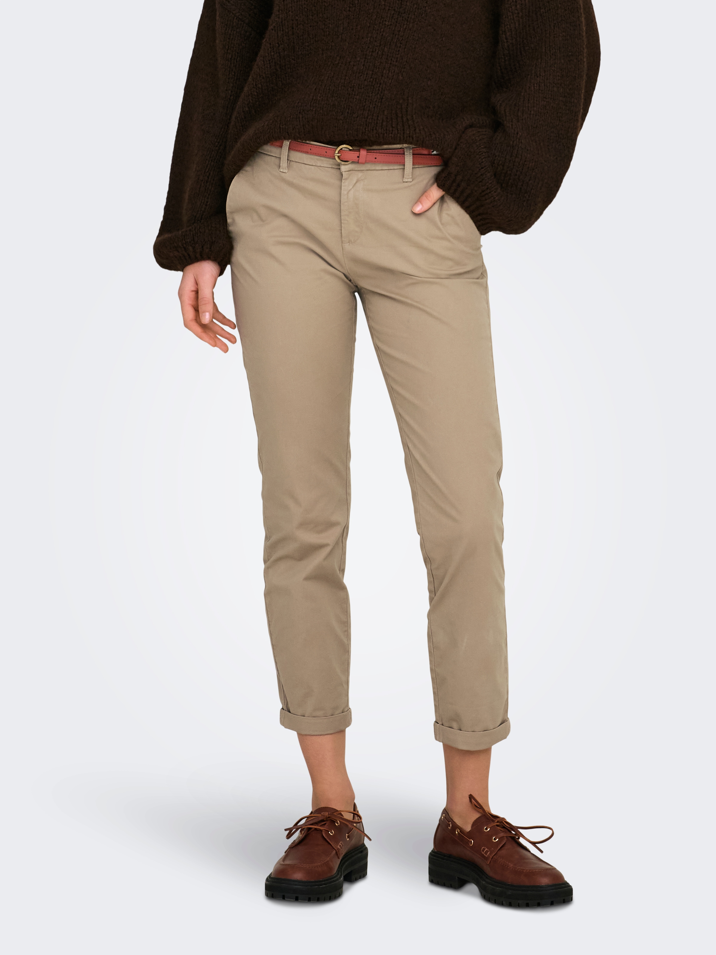 ONLY 1100000002199 "ONLBIANA – Chinohose mit Gürtel und Umschlagsaum" slim fit, modisch, Web, Baumwollmischung