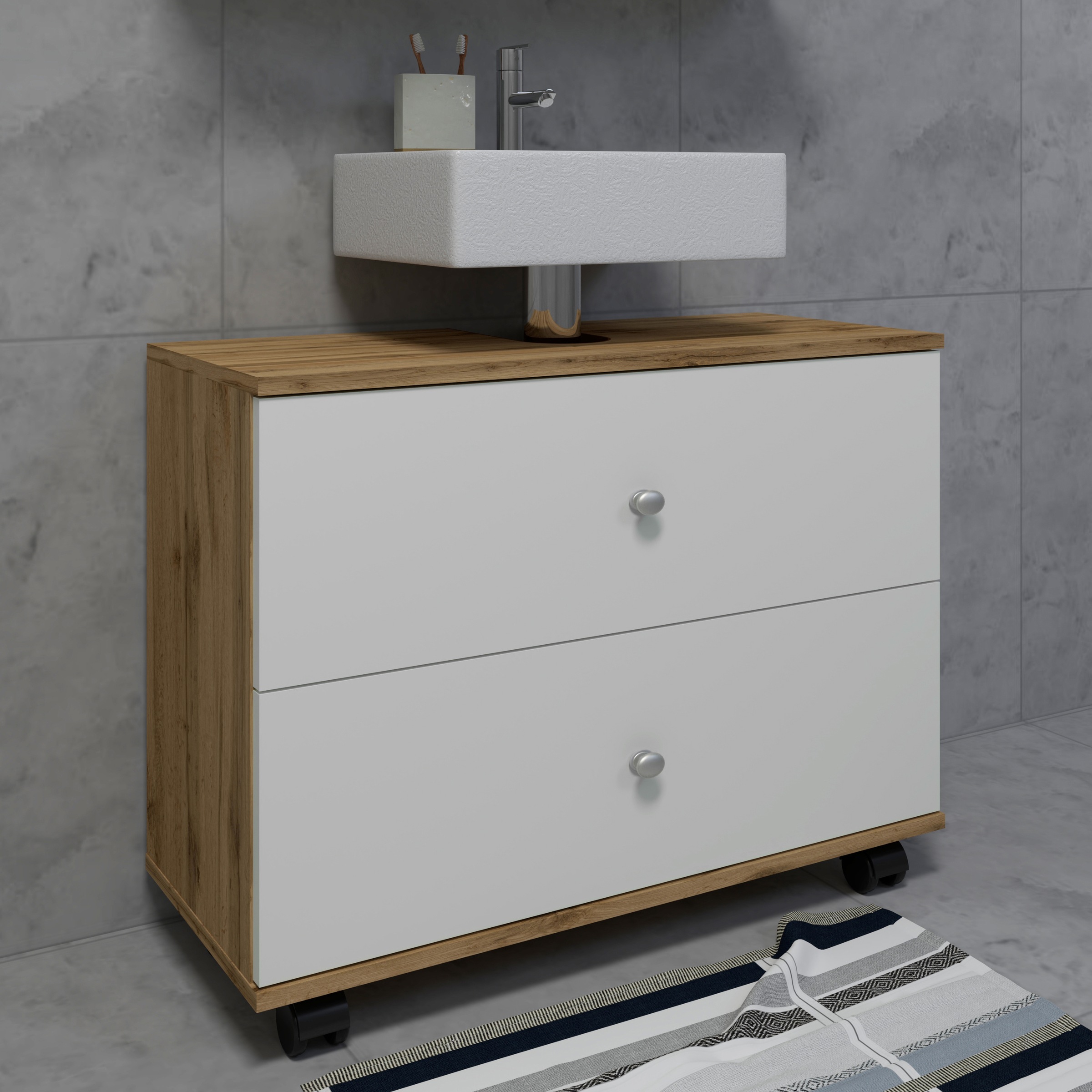 VCM Waschbeckenunterschrank »VCM Holz Waschbeckenunterschrank | Badschrank | Maße: H. 61 x B. 60 x T. 33 cm | 2 große Schubladen | 4 Rollen - Nilosi L«, (1 St.)