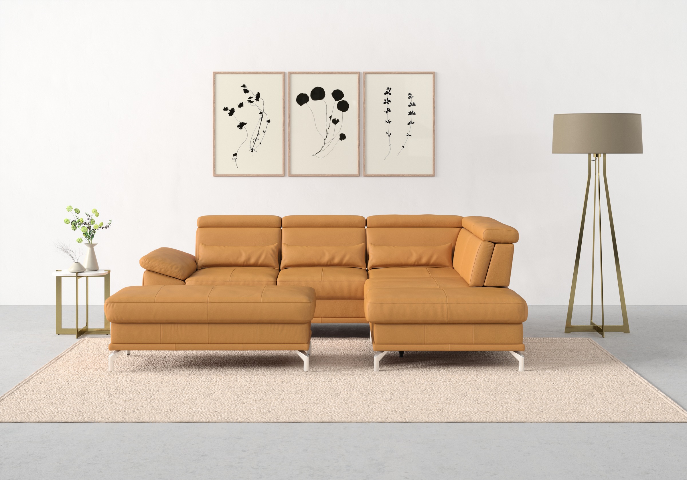 Ecksofa SIT & MORE "Cabrio L-Form, B: 274 cm, mit Sitztiefen-, Arm- & Kopfteilverstellung", gelb (curry), B:274cm H:87cm T:230cm, Sofas, Ecksofa, 3 Nierenkissen, Federkern, optional Bettfunktion und Stauraum 7