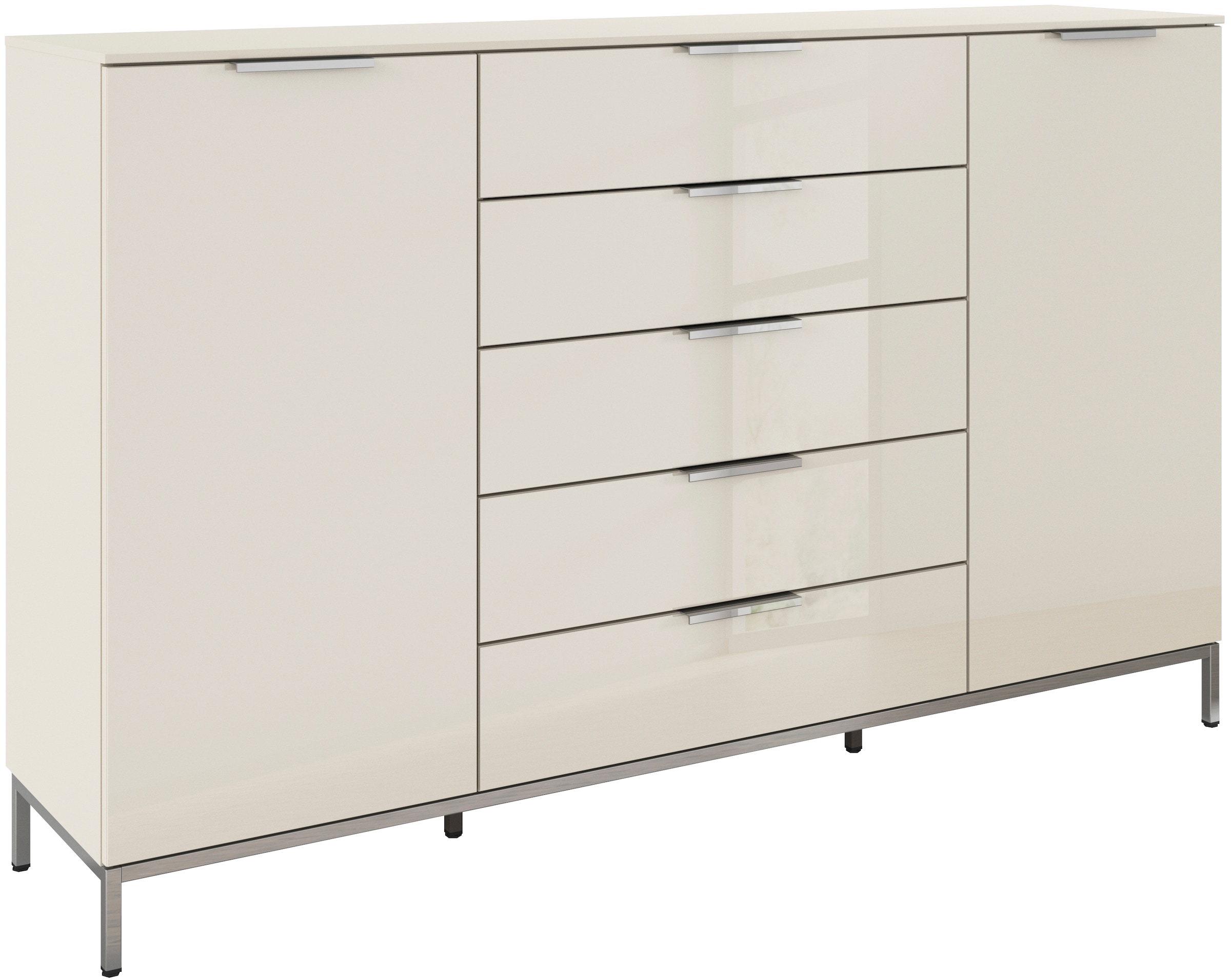 rauch "Kommode Türkommode Sideboard Kombikommode FLIPP mit Glasfront" Breite 160/180 cm mit 4 Einlegeböden, 2-trg mit 5 Schubladen und Soft-Close-Funktion, Glasfront, 2 Breiten