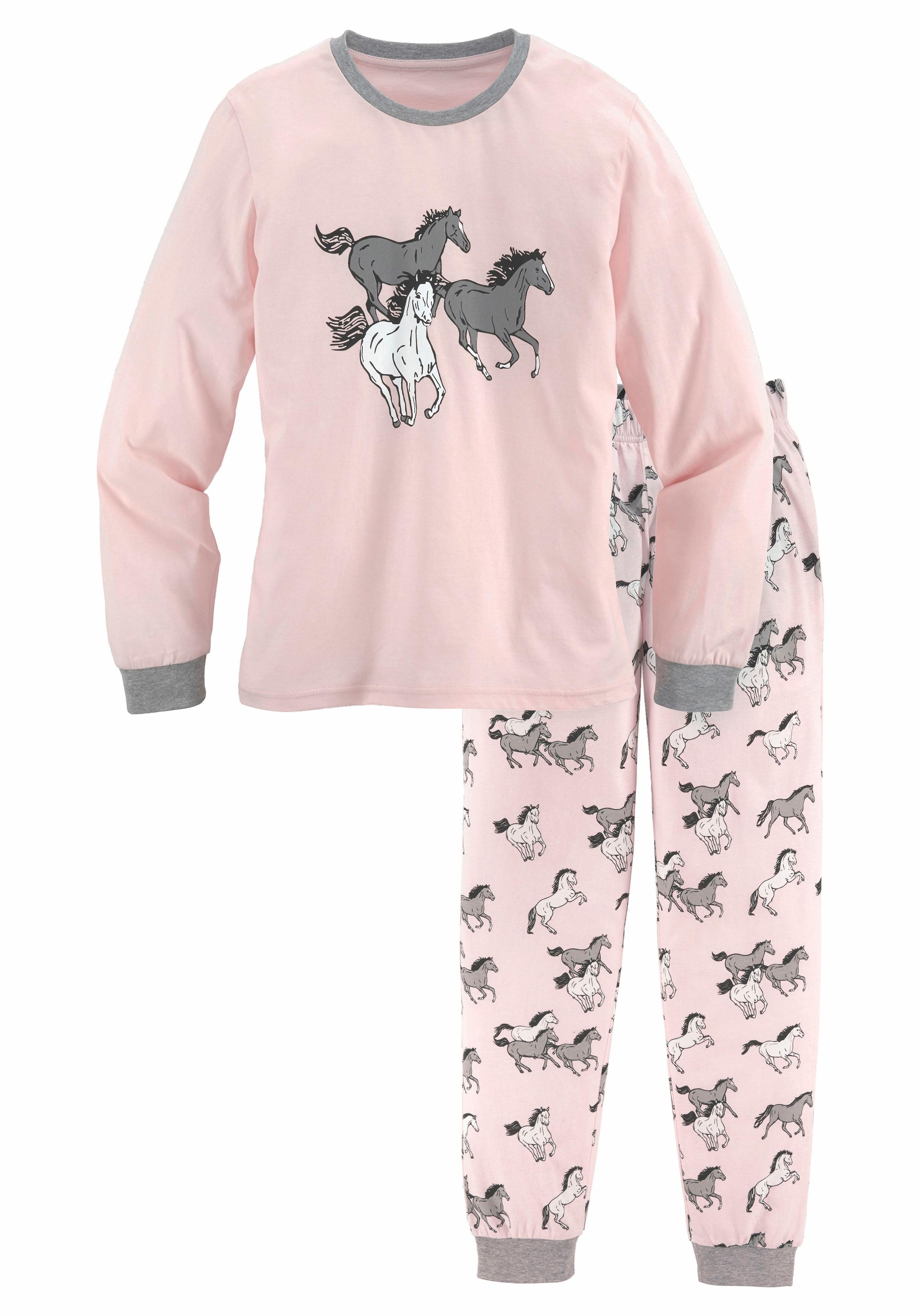 petite fleur by Lascana Pyjama 2 tlg. langer Schlafanzug mit Pferdedruck, Rundhals-Ausschnitt, aus Baumwolle
