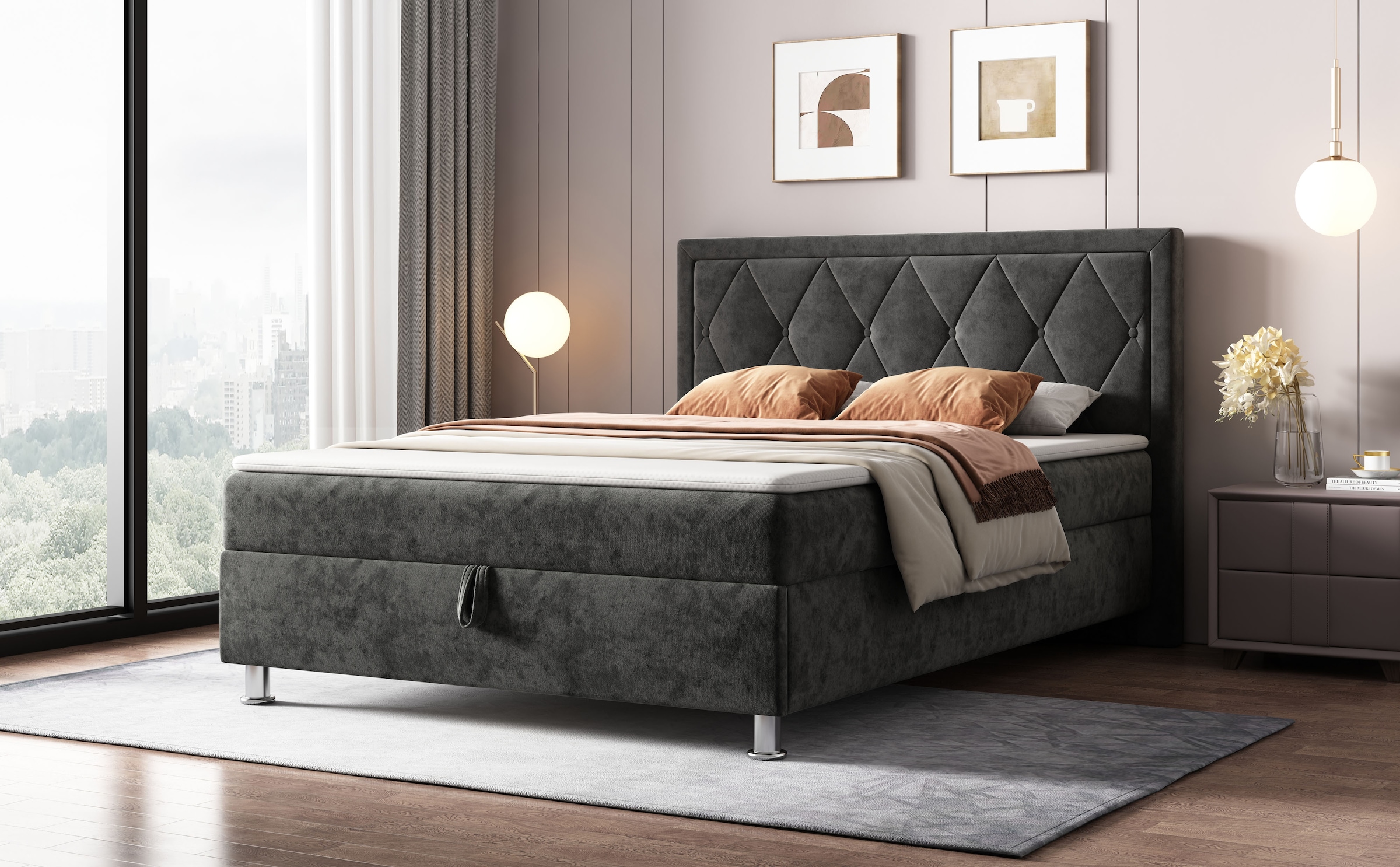 OTTO home Boxbett "EMILLIAN, Polsterbett mit Bettkasten und Taschenfederkernmatratze H3" mit Kaltschaumtopper, Chenille-Bezug, Liegefläche 140x200 cm