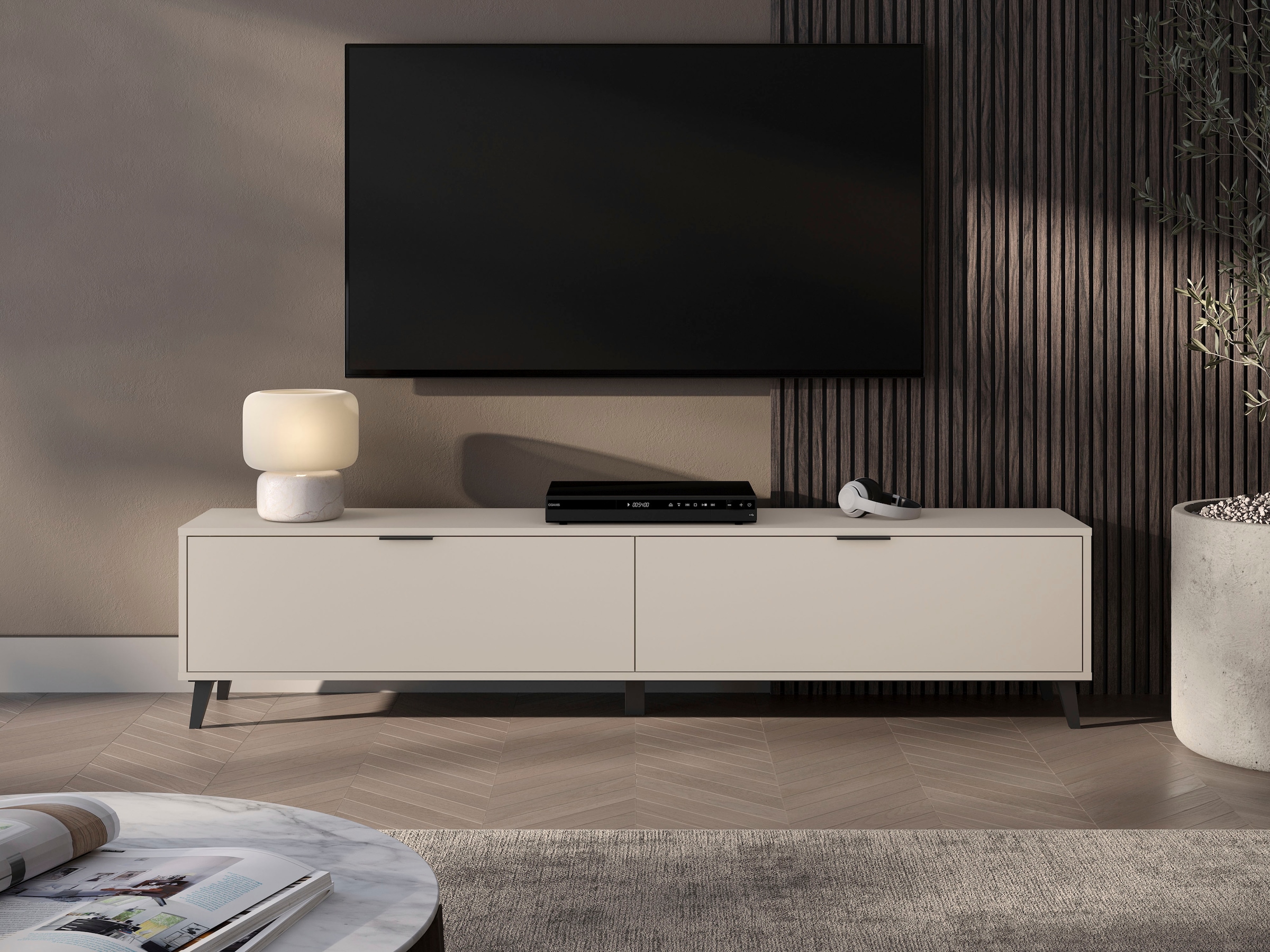 OTTO home Lowboard »Oslo, B/H/T: 180/40/33 cm« 2 Klappen, schwarze Metallgriffe, schwarze Füße