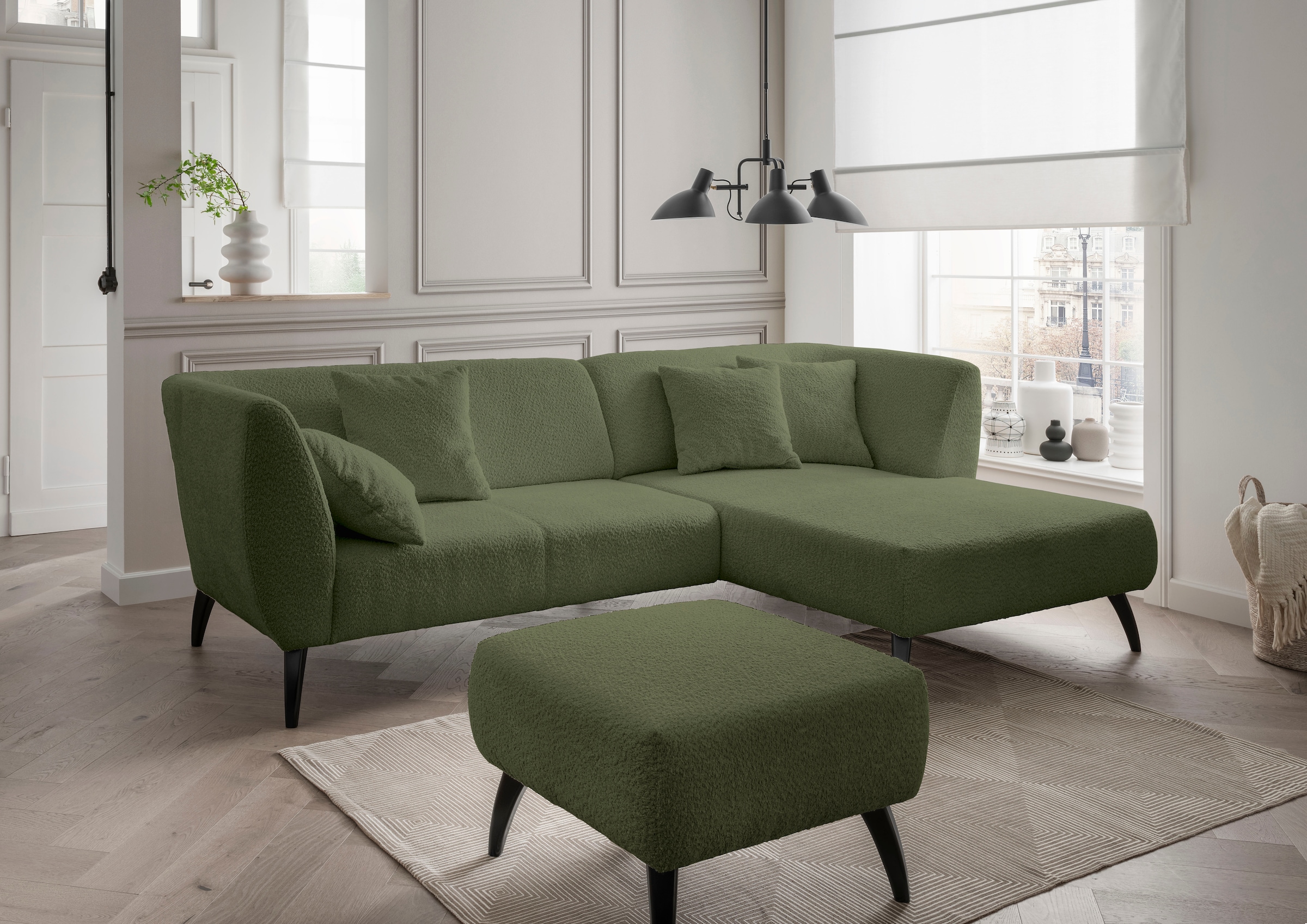 Home affaire Ecksofa "Lazio modern und bequem, schmale Armlehnen, tolle Detailverarbeitung" Holzfußfarbe wählbar, inkl. 4x Zierkissen