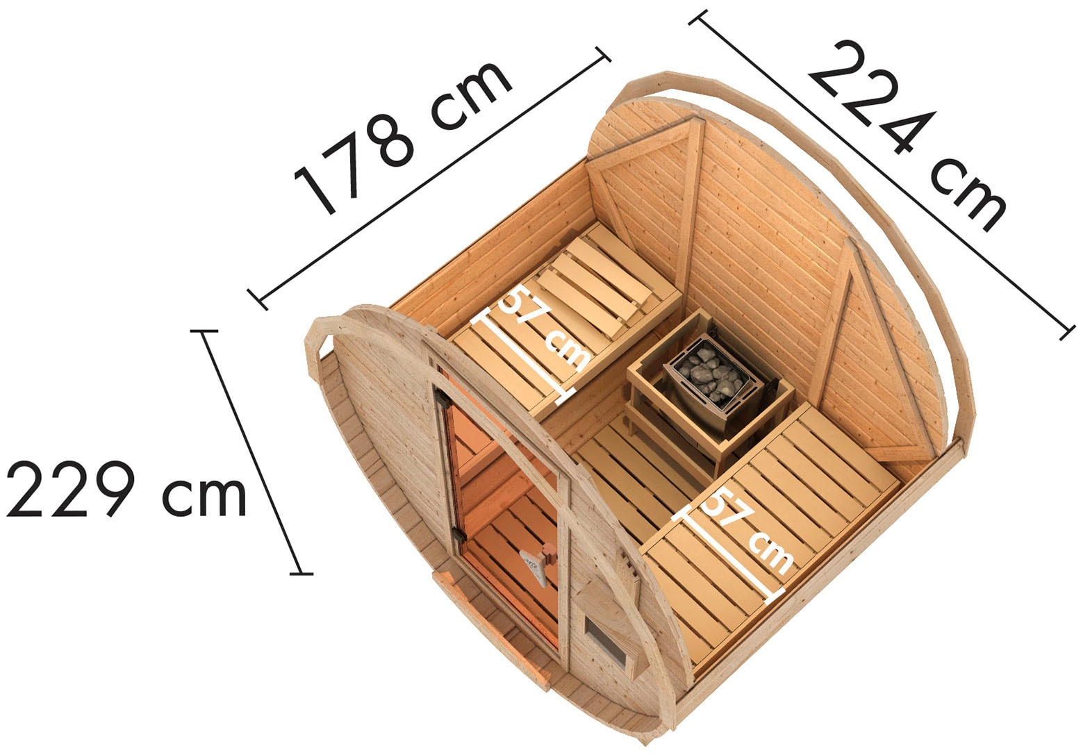 Karibu Fasssauna »naturbelassen mit Ofen 9 kW integr. Strg.«, aus hochwertiger nordischer Fichte