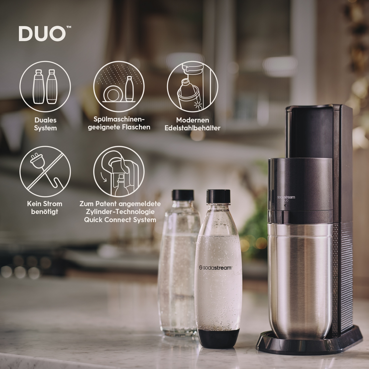 SodaStream Wassersprudler »DUO inkl. 1x Glasflasche 1 l + 1x Metallflasche 0,8 l, 1x QC«, (Set, 4 tlg.)