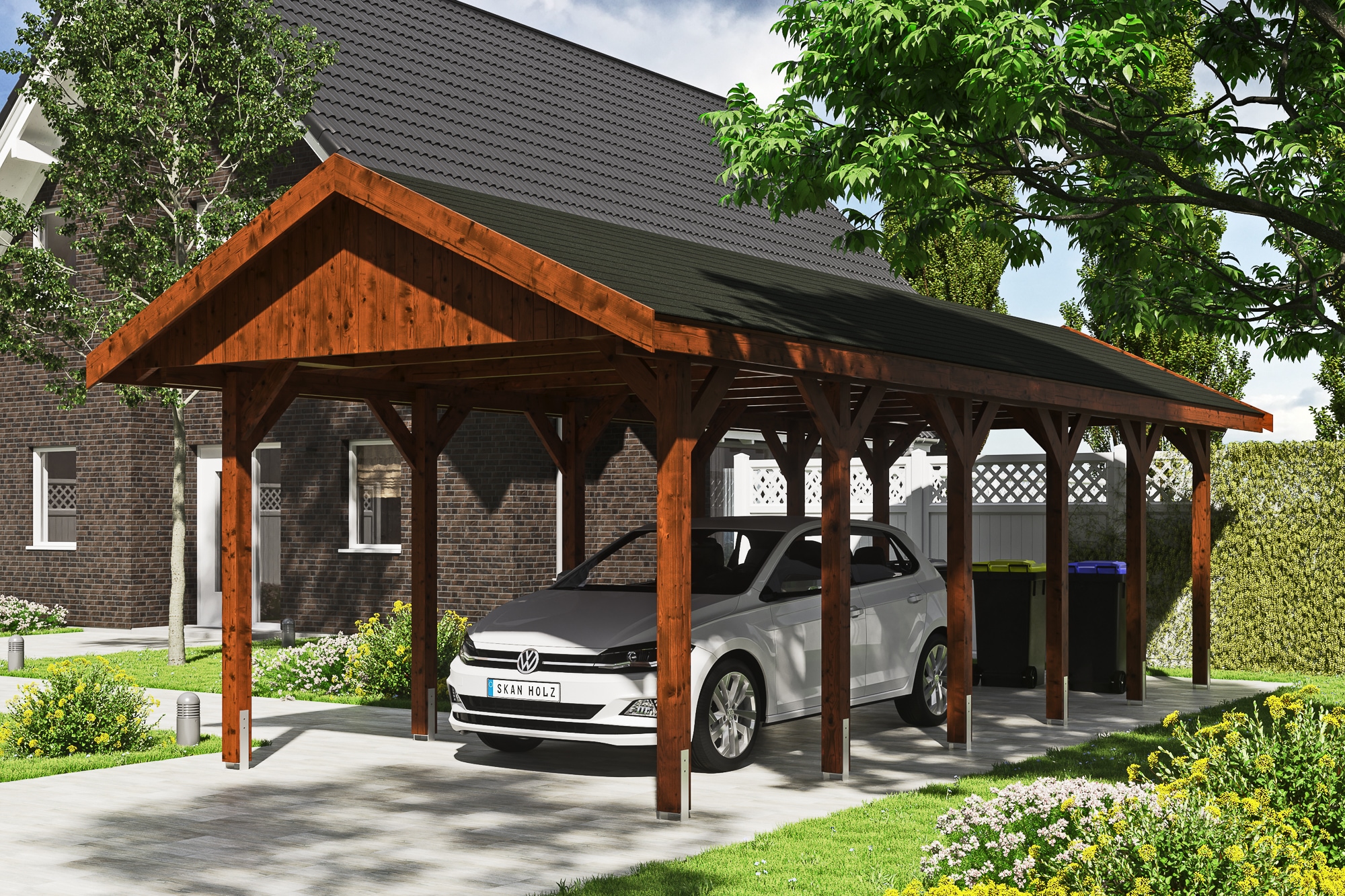 Skanholz Einzelcarport »Wallgau«, Nadelholz, 291 cm, Nussbaum, 380x900cm, schwarze Schindeln