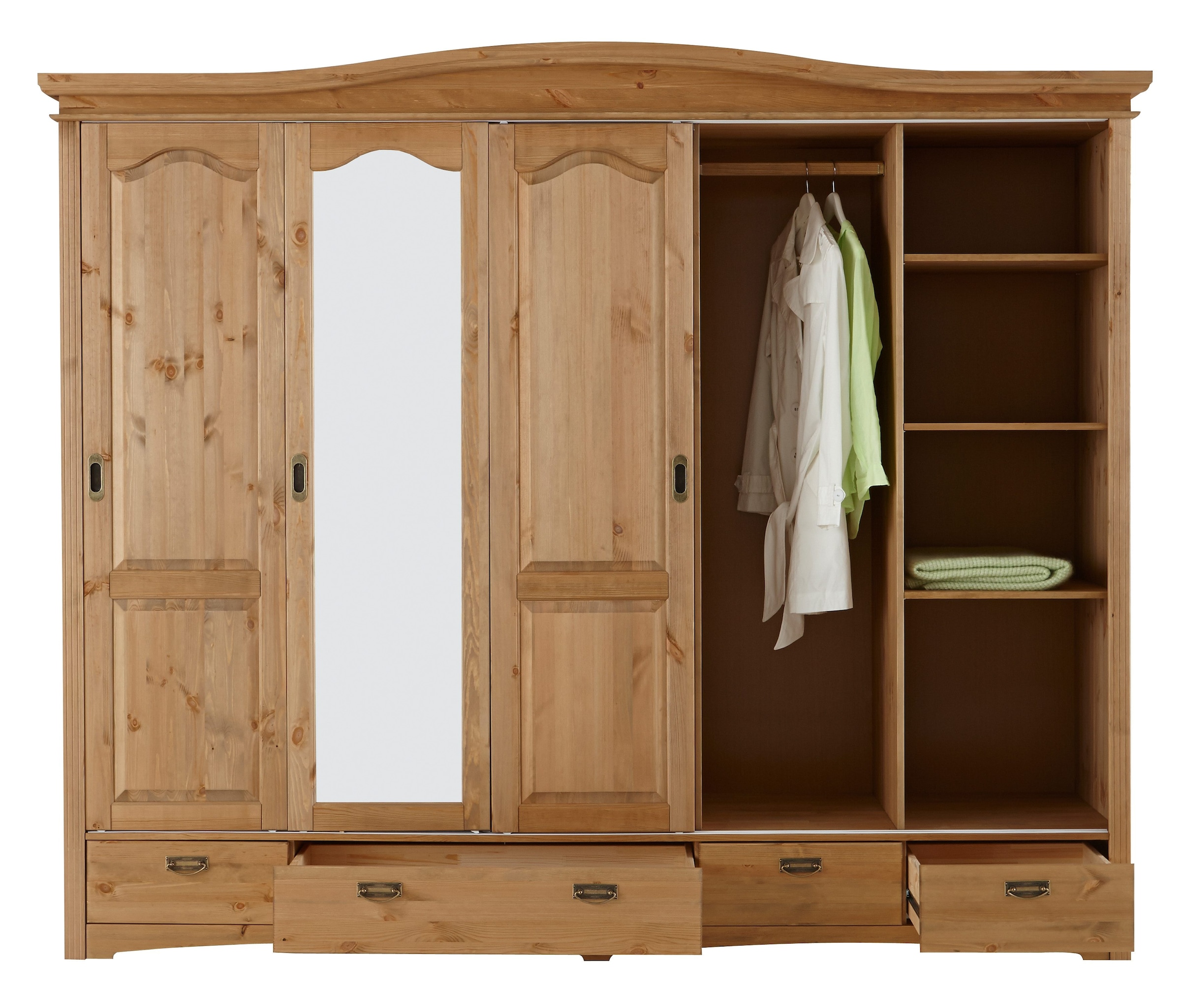 Home affaire Schiebetürenschrank »Konrad, Landhausstil, rustikal, mit Schubladen + Spiegel, Kassetten«, (3 Breiten: 153/202/249 cm H/T ca.207/64 cm), massive Kiefer, FSC®-zertifiziert, Messinggriffe, mehrere Varianten