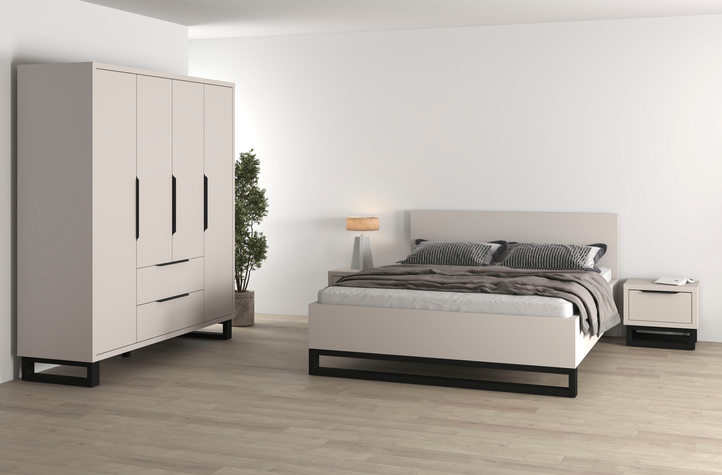 Home affaire Schlafzimmer-Set "Bronne,Komplettschlafzimmer (Set,4-St)" 4 tlg. Schlafzimmer-Set,Schrank 4Trg 2xNako, Bett180/200, Kufen Metalloptik