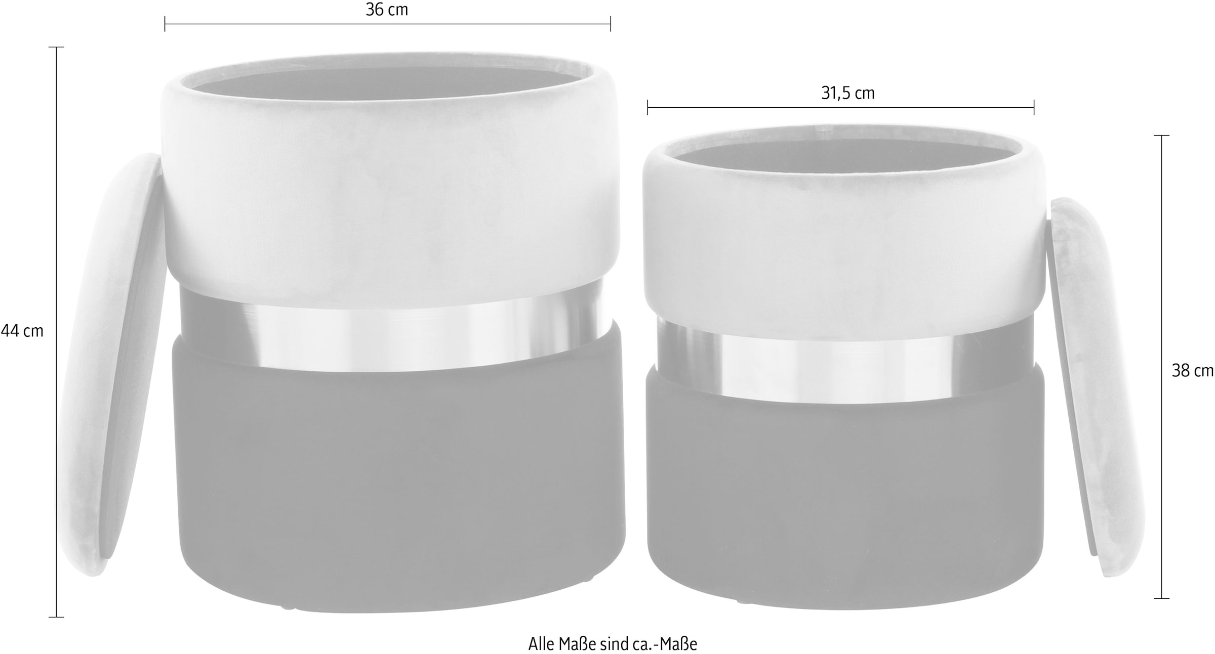 Kayoom Stauraumhocker »Hocker Zora 125 2er-Set, samtweicher Stoffbezug,runde elegante Form«, (Set, 2 St.), edles Design mit Metallring, gepolstert, mit Stauraum