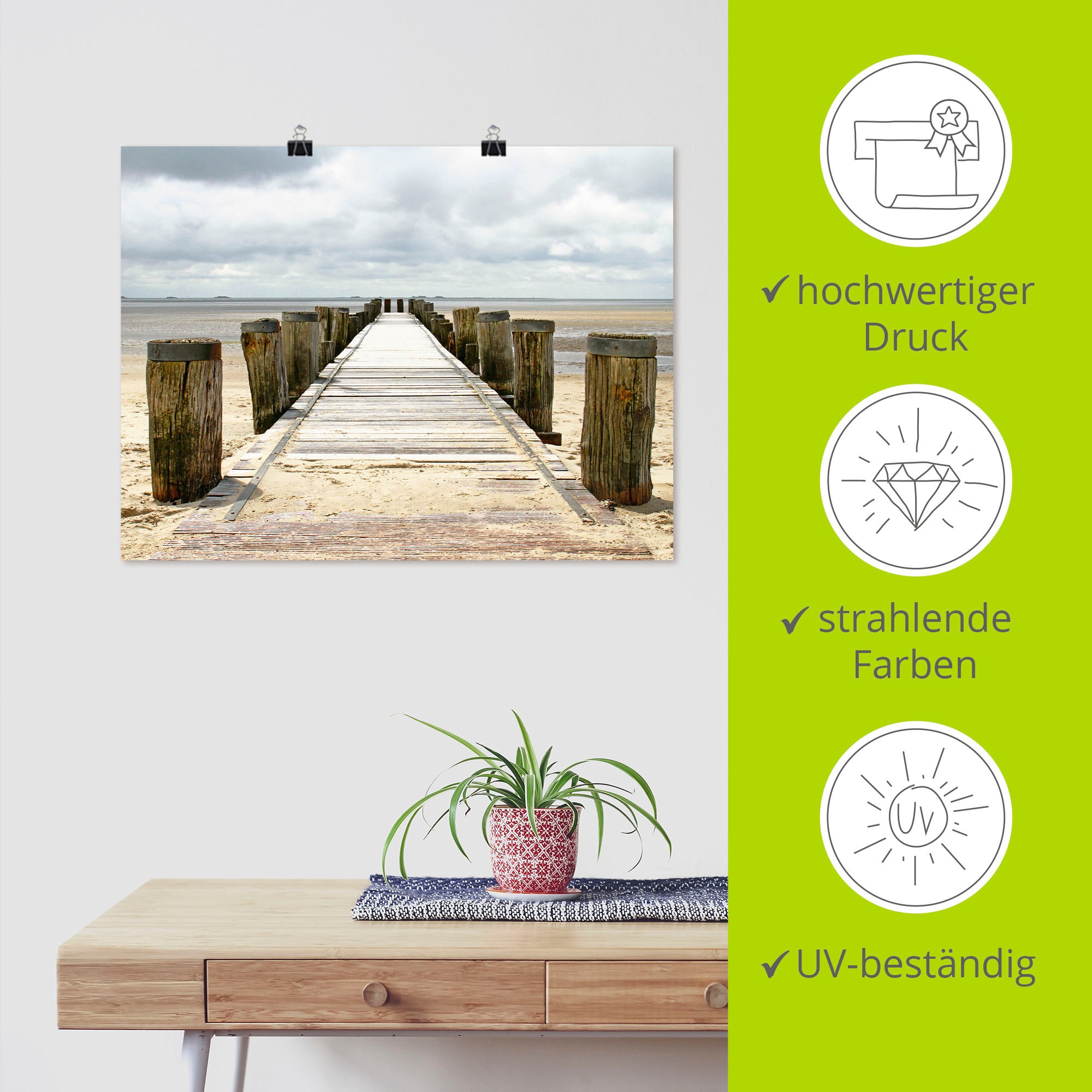 Artland Wandbild »Steg ins Watt«, Strand, (1 St.), als Alubild, Outdoorbild, Leinwandbild, Poster in verschied. Größen