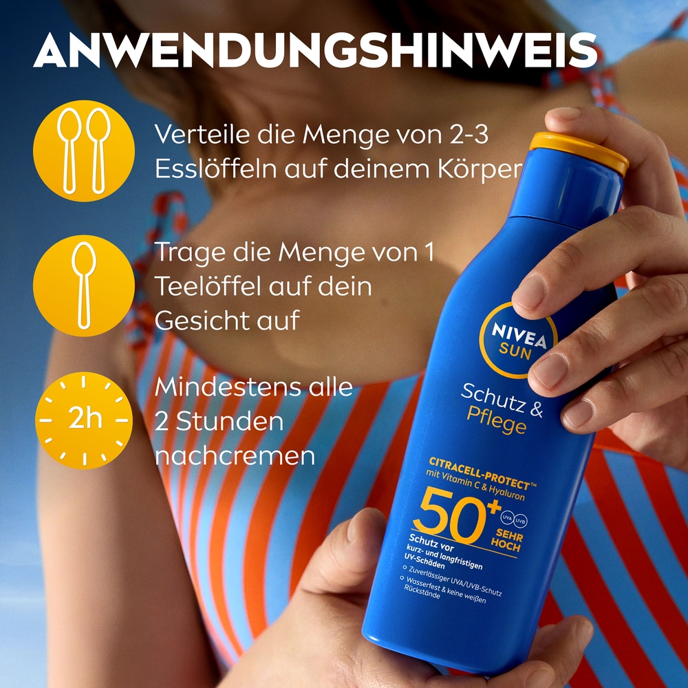 Nivea Sun Sonnenschutzlotion »Schutz & Pflege Lotion LSF50+ mit Labello Sun Gratis« mit Vitamin C & Hyaluron für doppelten Zellschutz