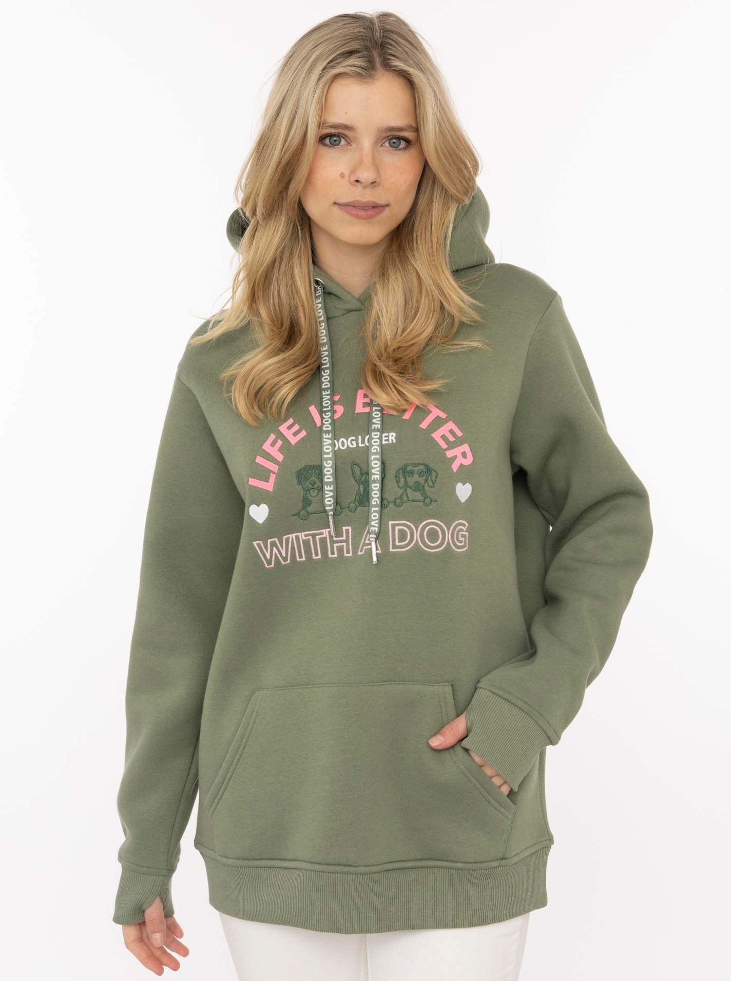 Zwillingsherz Hoodie ""Better with a Dog"", gestickte Hunde und Slogan, Kapuze mit Kordel, Kängurutasche
