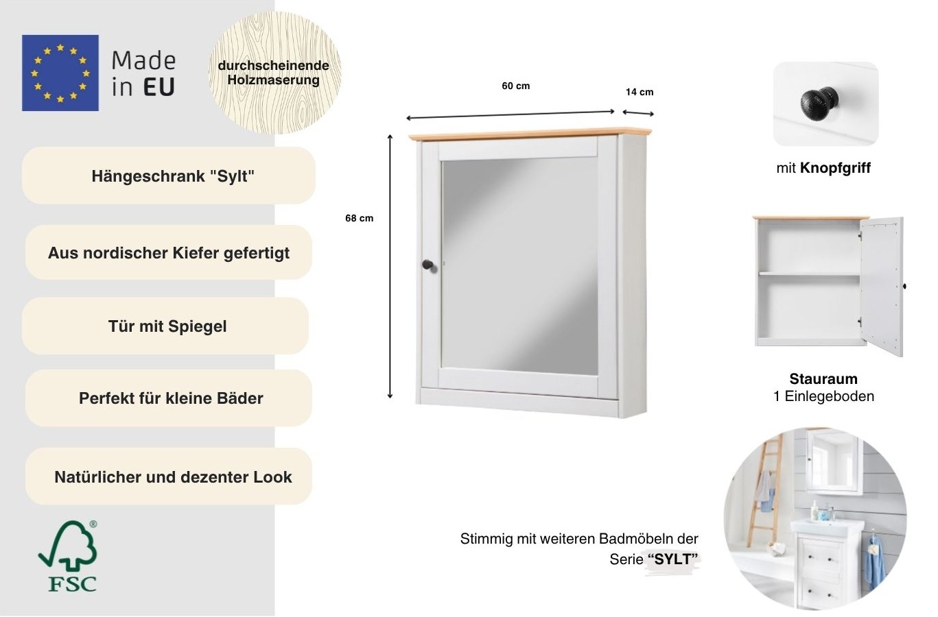 welltime Spiegelschrank »Sylt/ Rügen/ Modern« Breite 60,5 cm, aus massivem Kiefernholz
