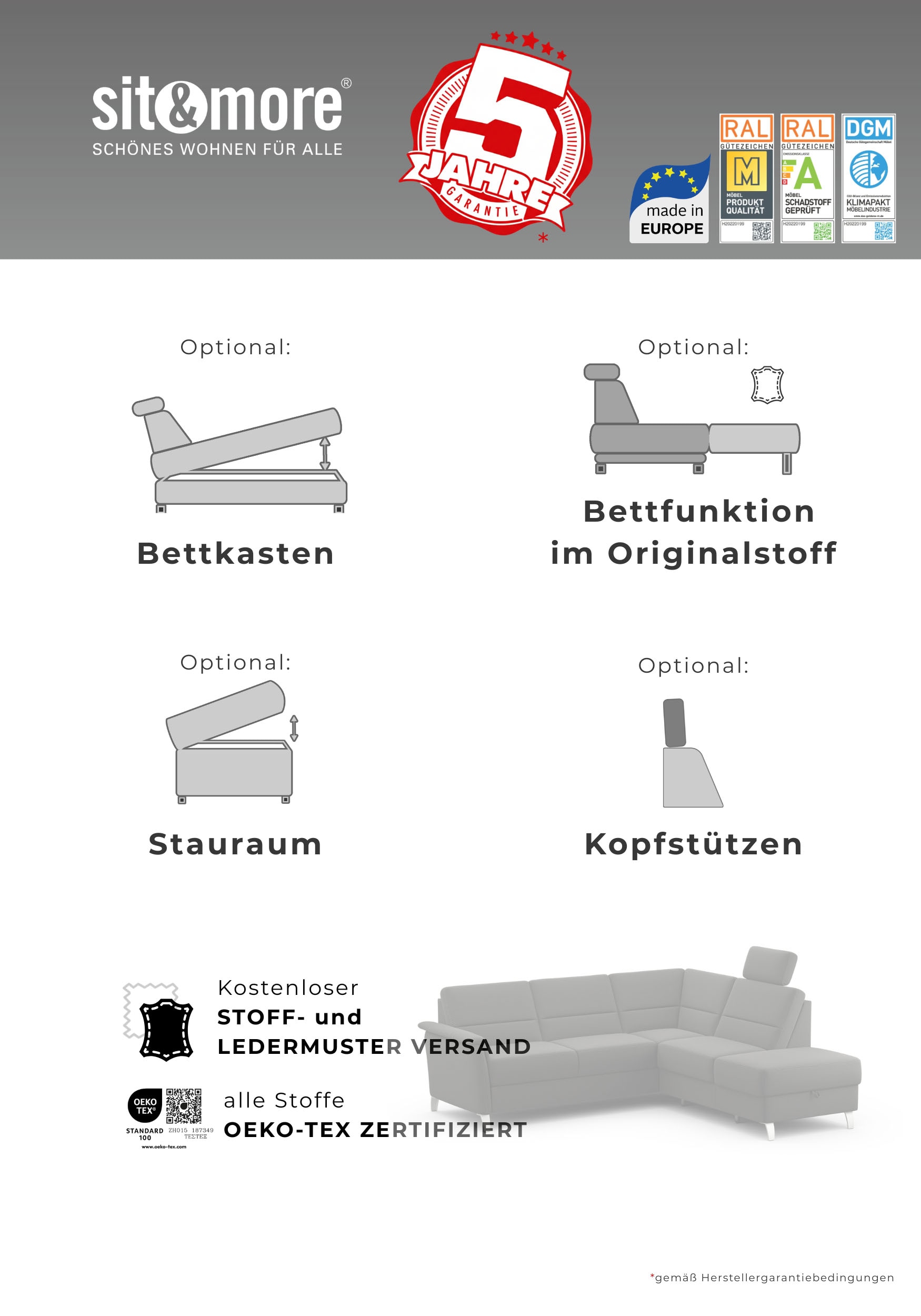 sit&more Ecksofa »Palmera L-Form, B: 244 cm« optional Schlaffunktion & Bettkasten, Federkern