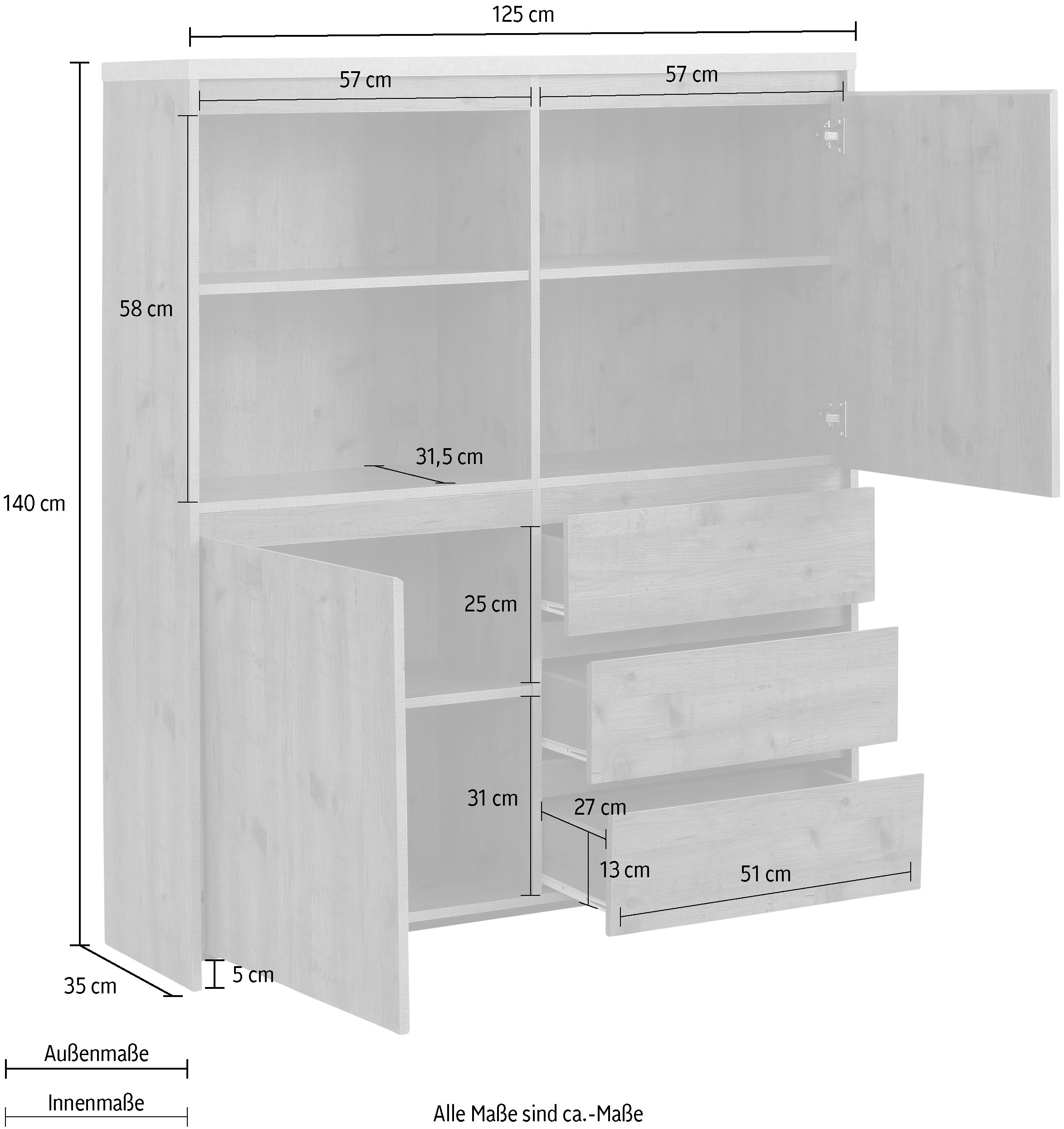 Home affaire Highboard »Maribo«, Stauraumschrank im modernen Landhaus-Stil, Breite 125 cm
