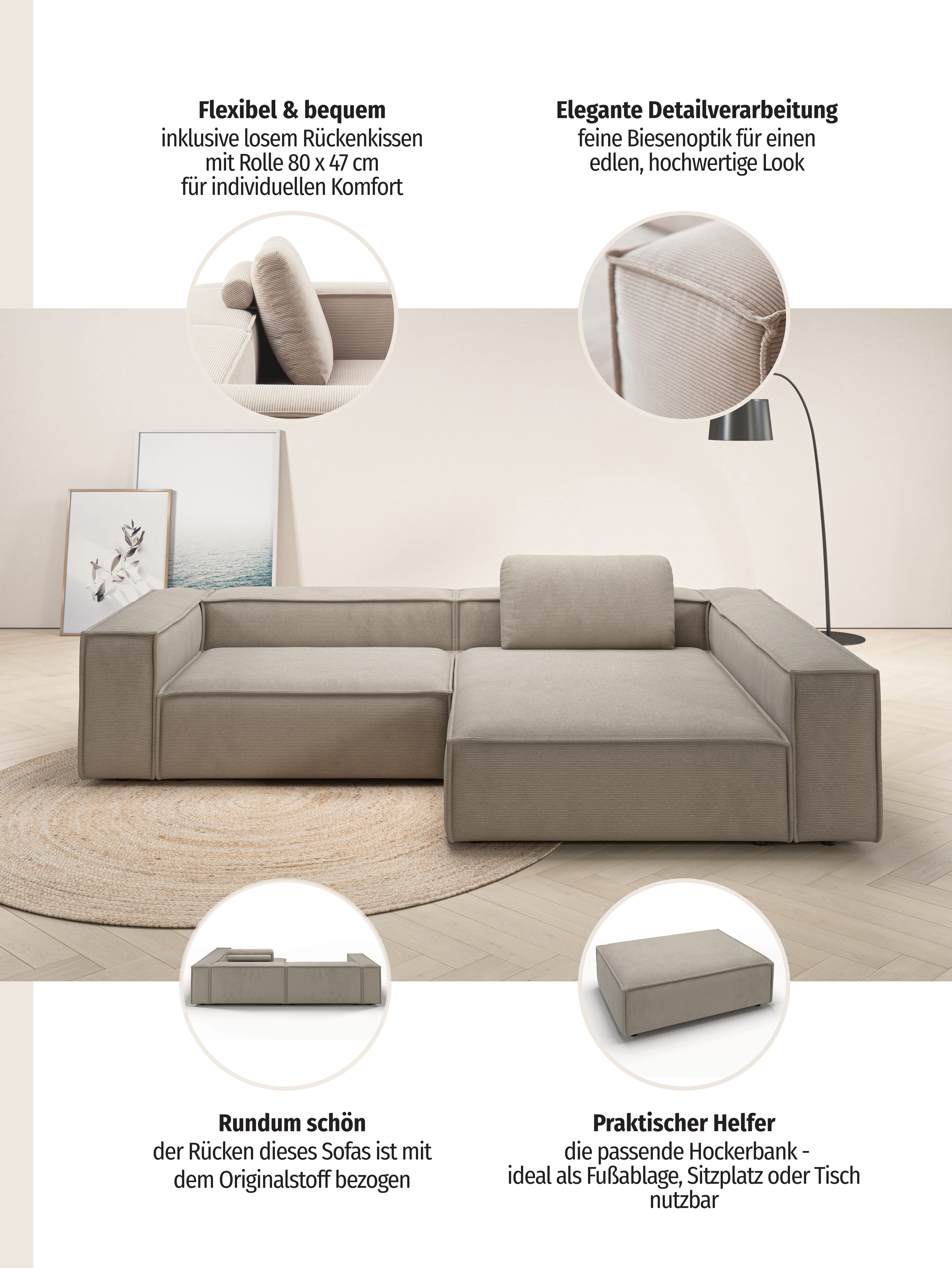 Thumbnail - PLACES OF STYLE Ecksofa "Watertown, moderne XXL L-Form, 306 cm breit" Komfortabel mit tiefer Sitzfläche – ideal für groß...