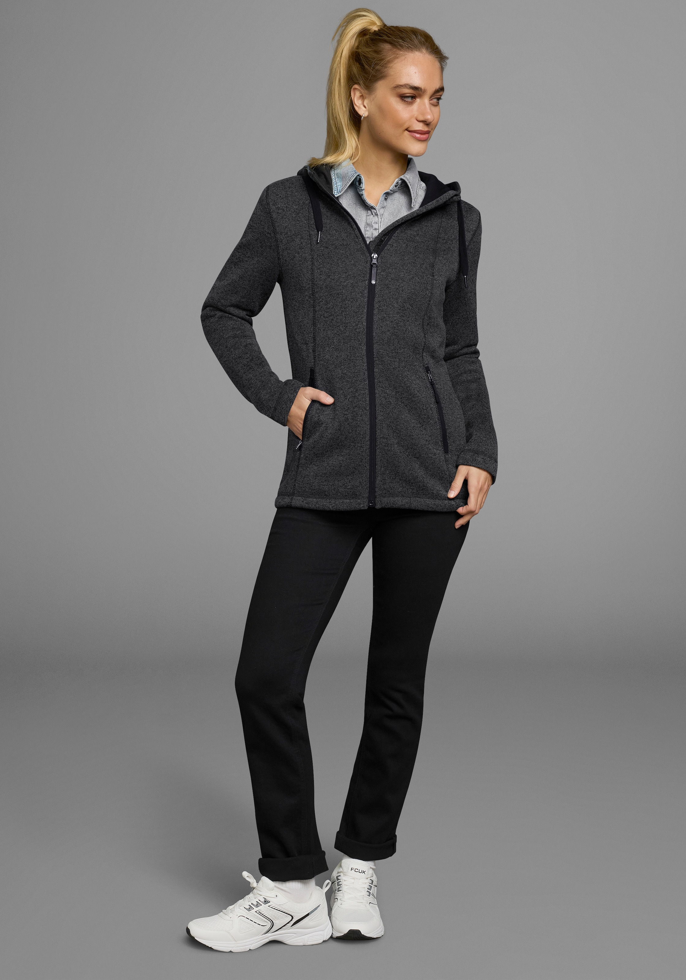 Polarino Strickfleecejacke, mit Kapuze, für kalte Tage, aus Strickfleece, sportlicher Stil