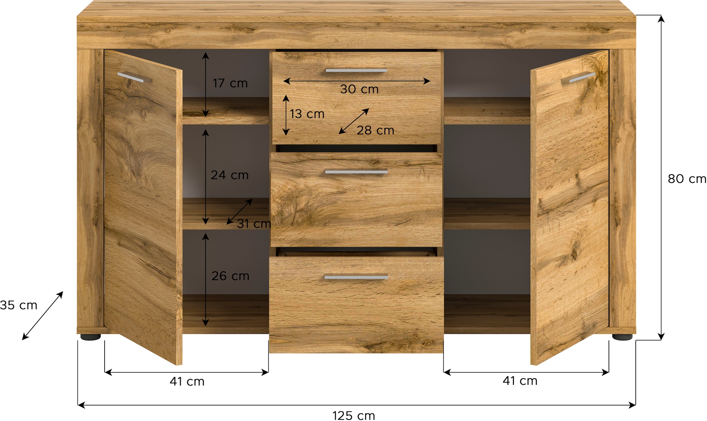 INOSIGN Sideboard »Aosta, Breite 125 cm, in verschiedenen Farbausführungen«, mit 2 Türen und 3 Schubkästen, Wohnzimmer, Kommode, Schrank