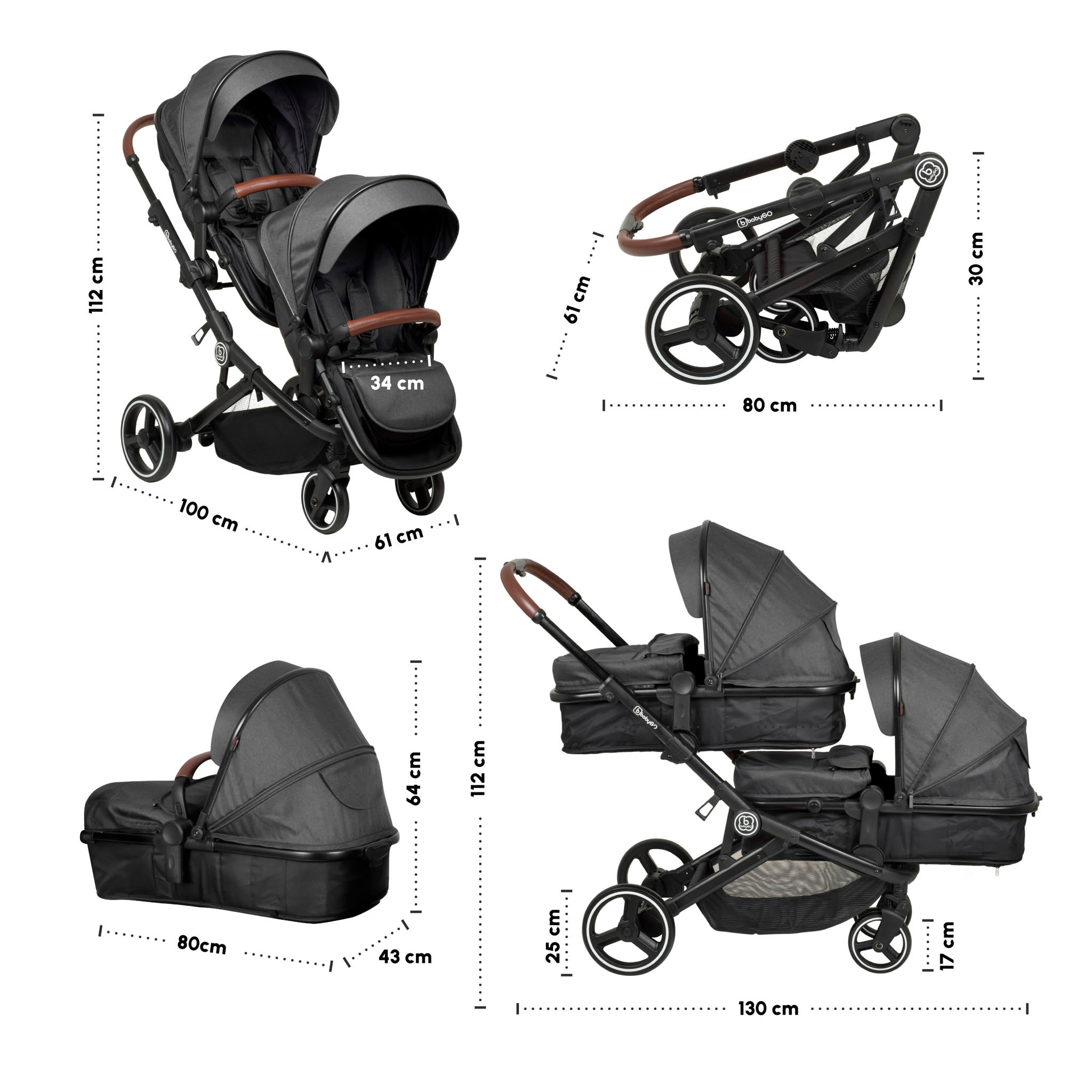 BabyGo Zwillings-Kombikinderwagen »Twinner Set, Grey melange«, 30 kg, inkl. 2 Regenhauben, Wickeltasche