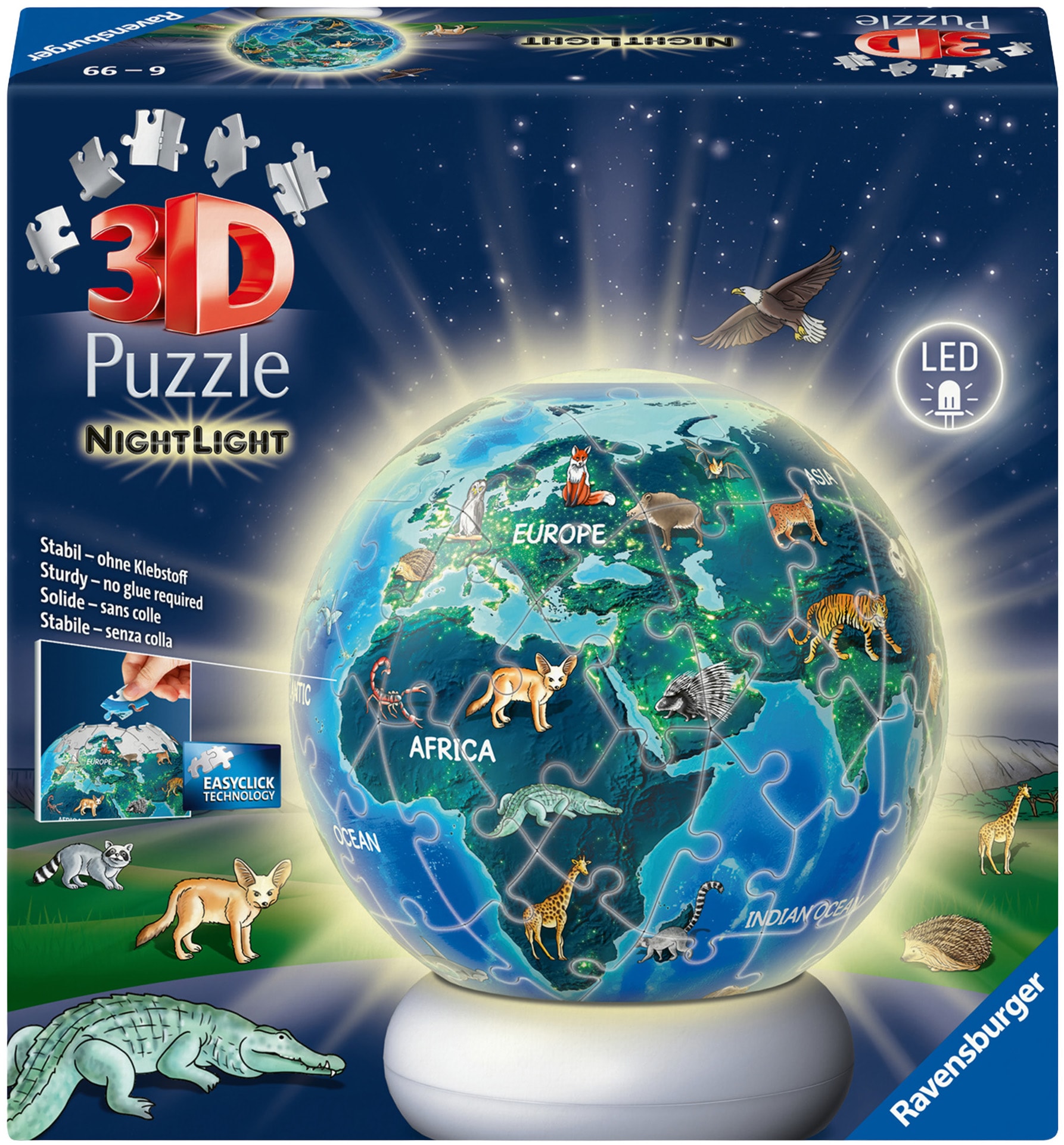 Ravensburger Puzzleball »Nachtlicht Erde mit Tiermotiven« beleuchtet