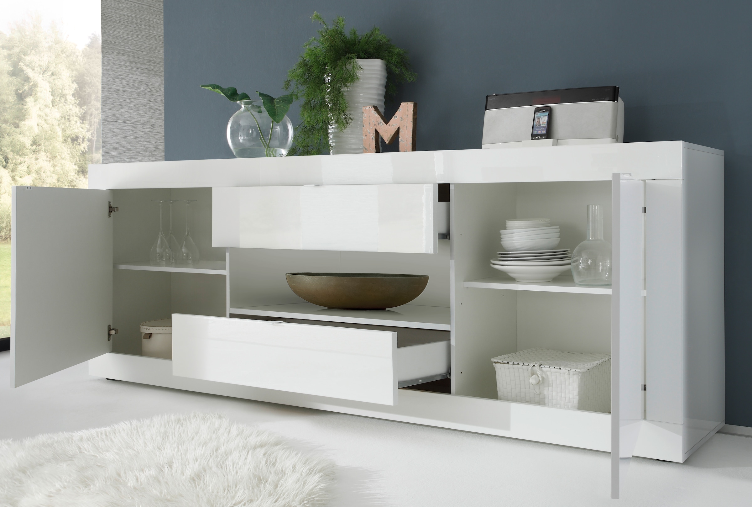 INOSIGN Sideboard »Basic Breite 240 cm, Kommode 2 Türen, 2 Schubkästen, Anrichte,«, Weiss HochglanzLack, Metallgriff, moderne Rahmenoptik, viel Stauraum
