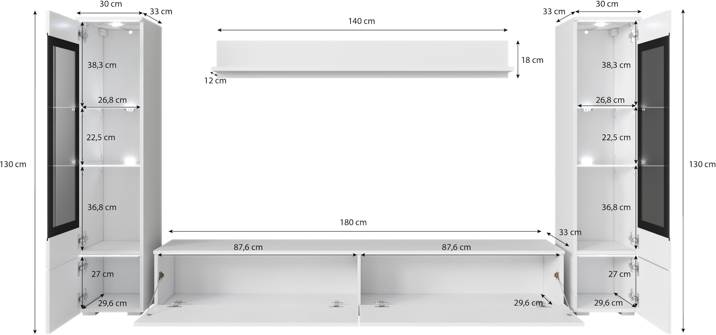 INOSIGN Wohnwand »VERA II«, (Komplett-Set, 4 St.), Mediawand 260 cm, Vitrine mit Verglasung, stehend und hängend