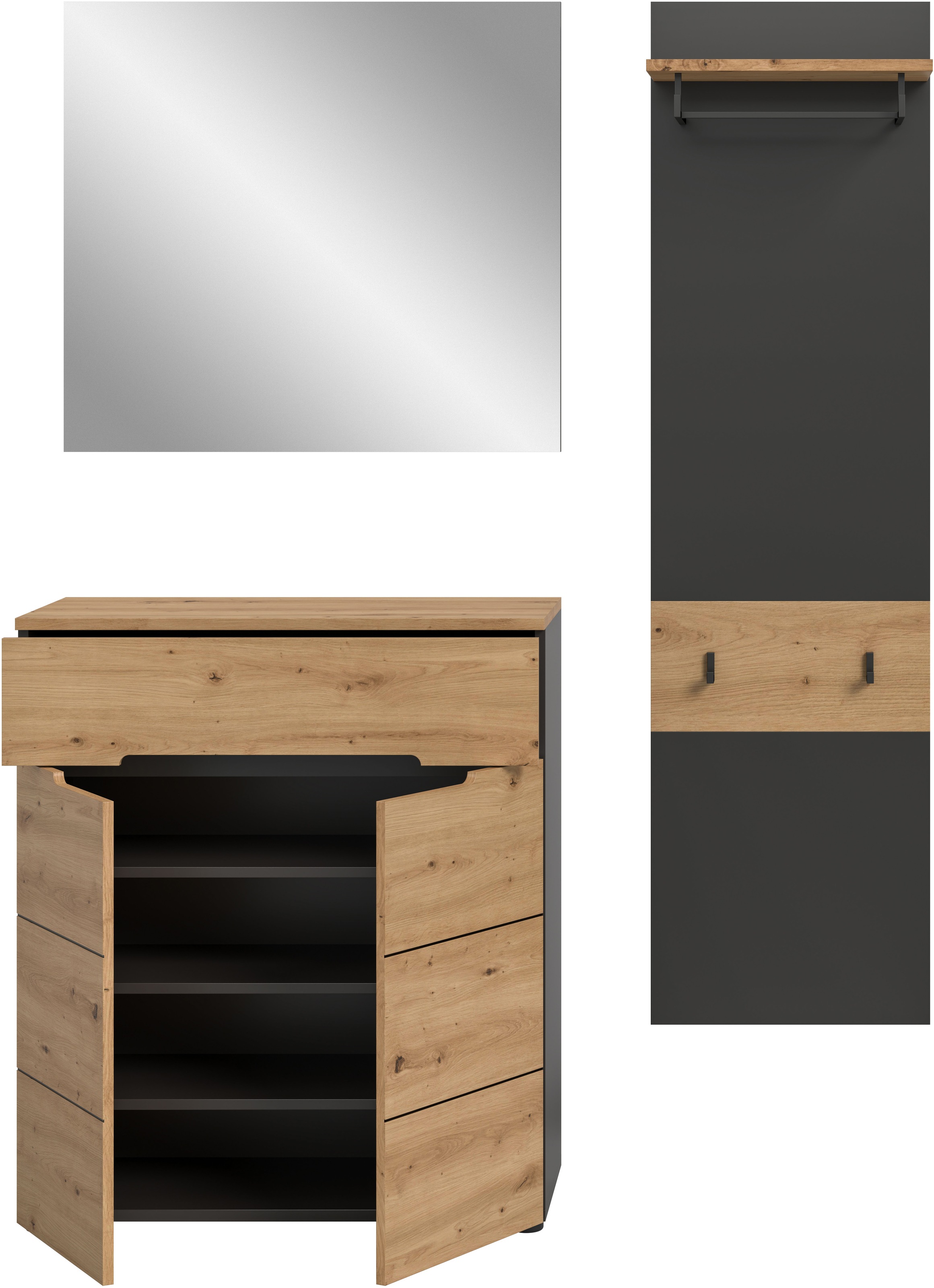 INOSIGN Garderoben-Set, (Set, 3 St., bestehend aus: Kommode, Spiegel und Garderobenpaneel), Garderobenkombination, Kombination, Set, Flurgarderobe, Diele