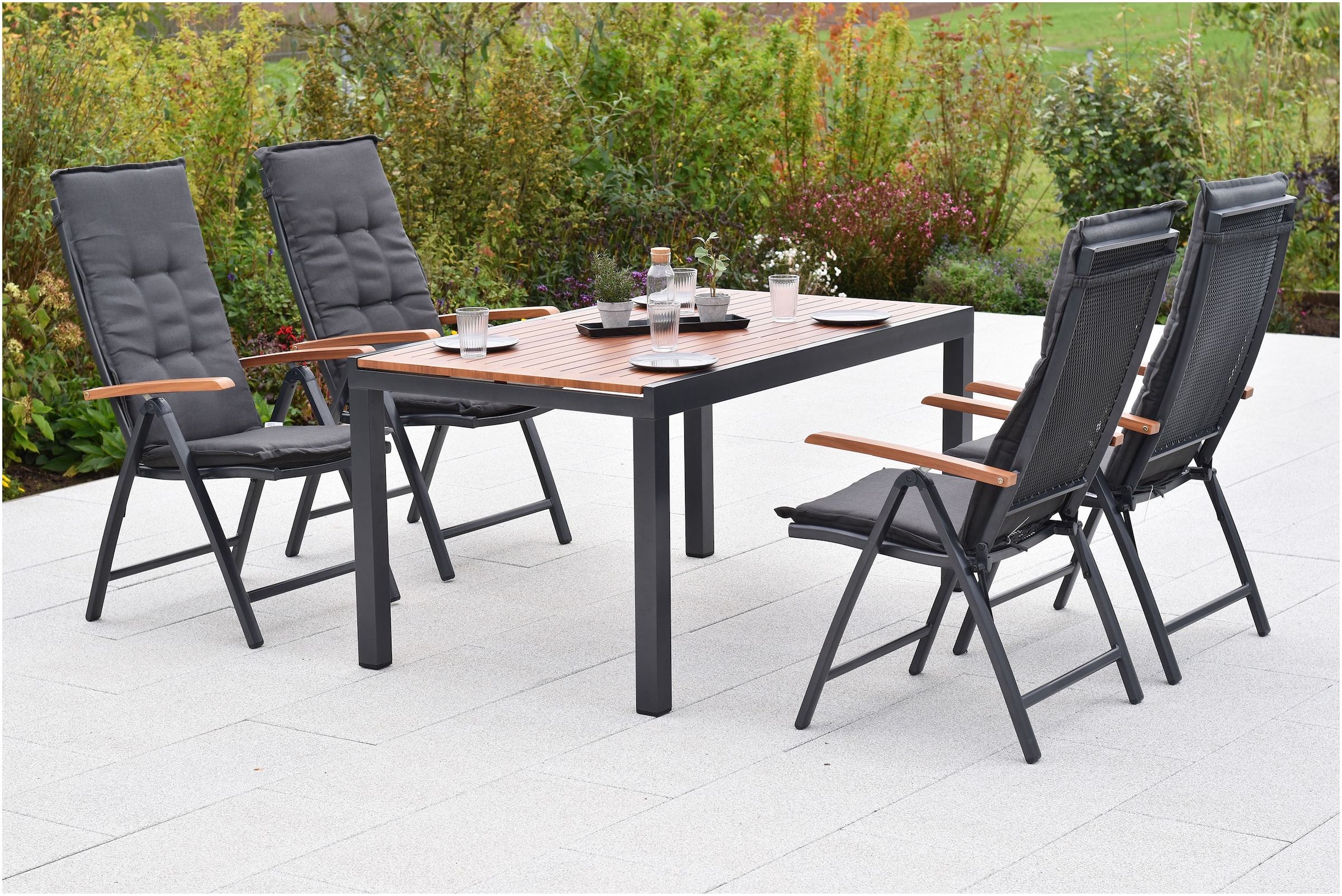 MERXX Garten-Essgruppe »»Thasos««, (Set, 9 tlg.), folierte Armlehnen und Tischplatte in Holzoptik